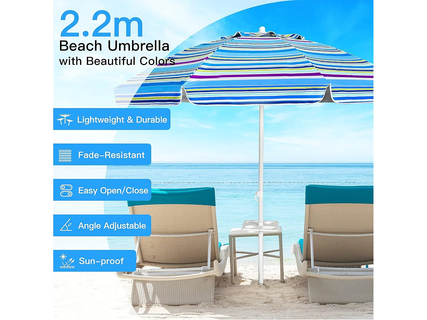 2,2m strandparasol strandparaplu met draagtas, UPF50 + zon bescherming zonnescherm, buiten tuin terras kantelen parasol,draagbare zonnescherm (Lichtblauw)ZB34461