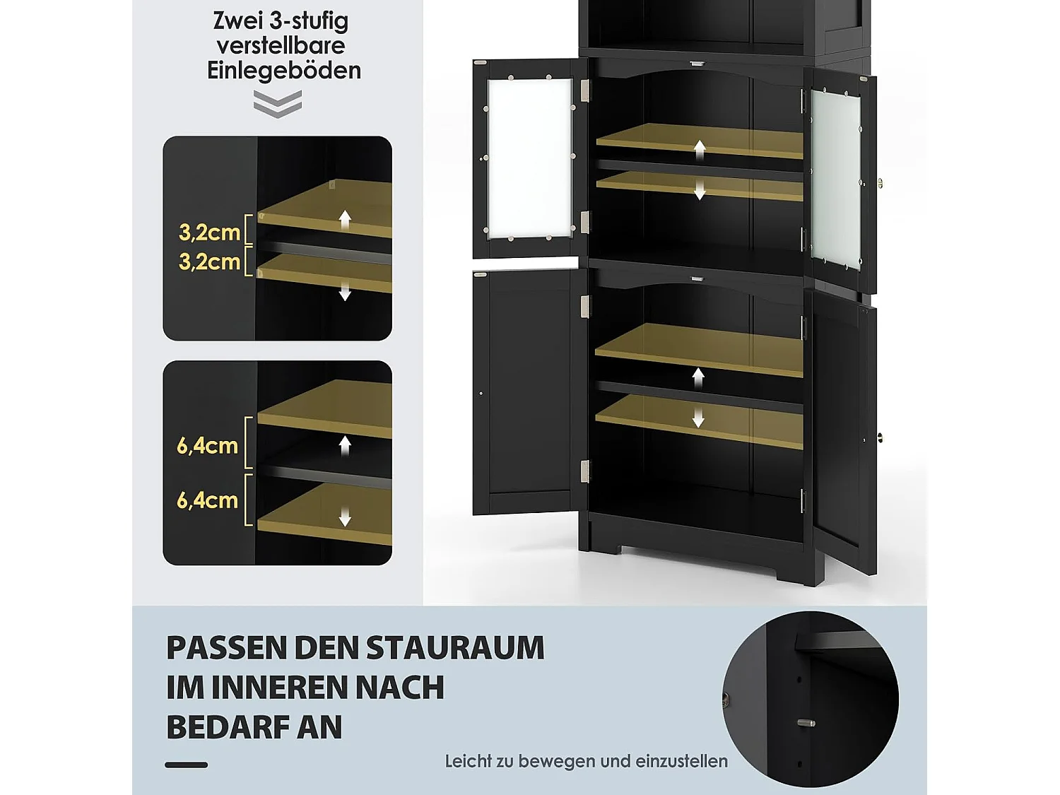 Badkamerkast met glazen deuren, 2 open vakken en verstelbare planken, hoge badkamerkast, opbergkast voor badkamer, keuken, woonkamer (zwart)VH32864
