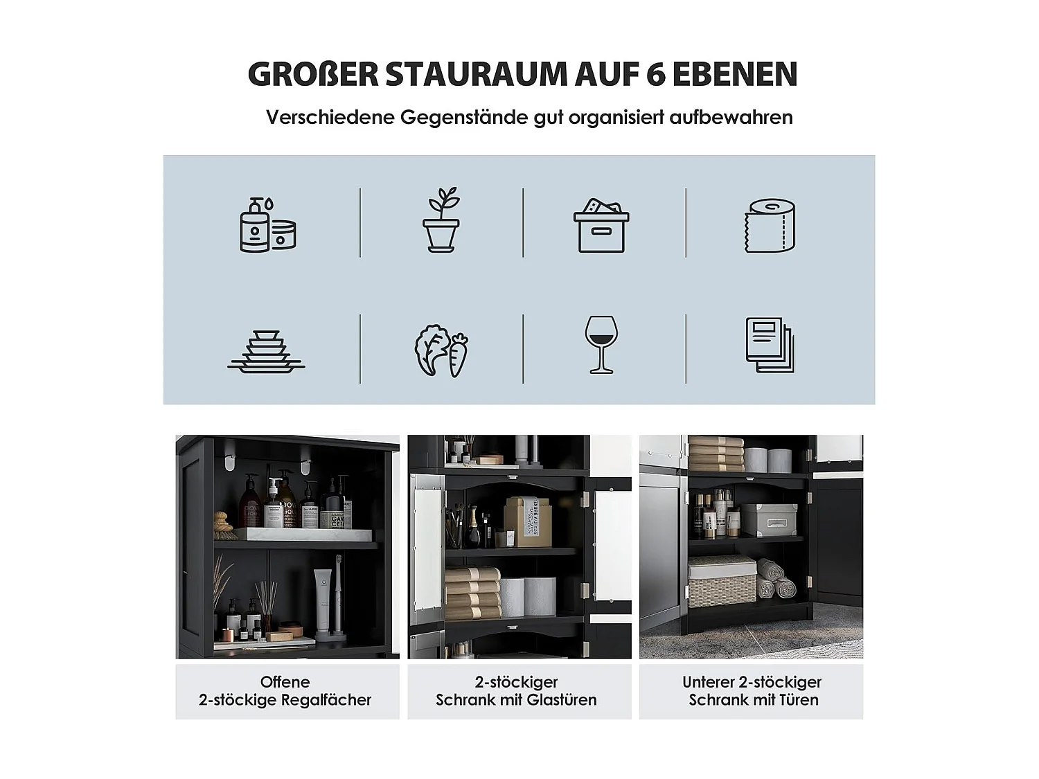 Badkamerkast met glazen deuren, 2 open vakken en verstelbare planken, hoge badkamerkast, opbergkast voor badkamer, keuken, woonkamer (zwart)VH32864