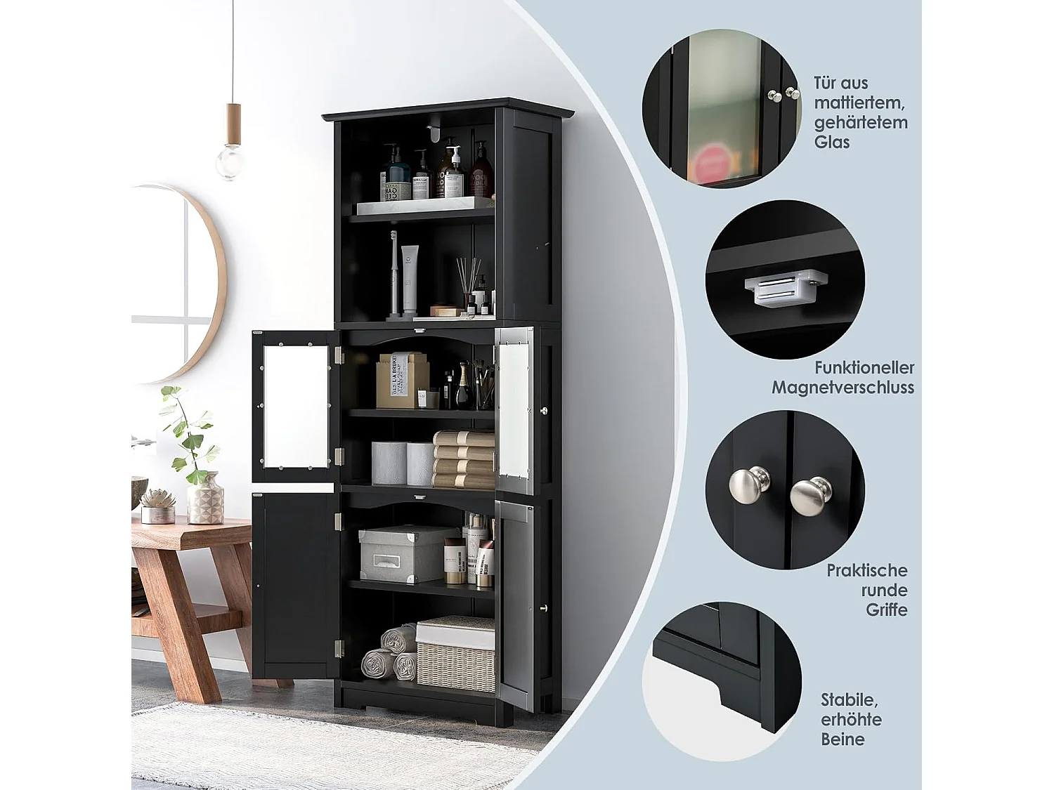 Badkamerkast met glazen deuren, 2 open vakken en verstelbare planken, hoge badkamerkast, opbergkast voor badkamer, keuken, woonkamer (zwart)VH32864