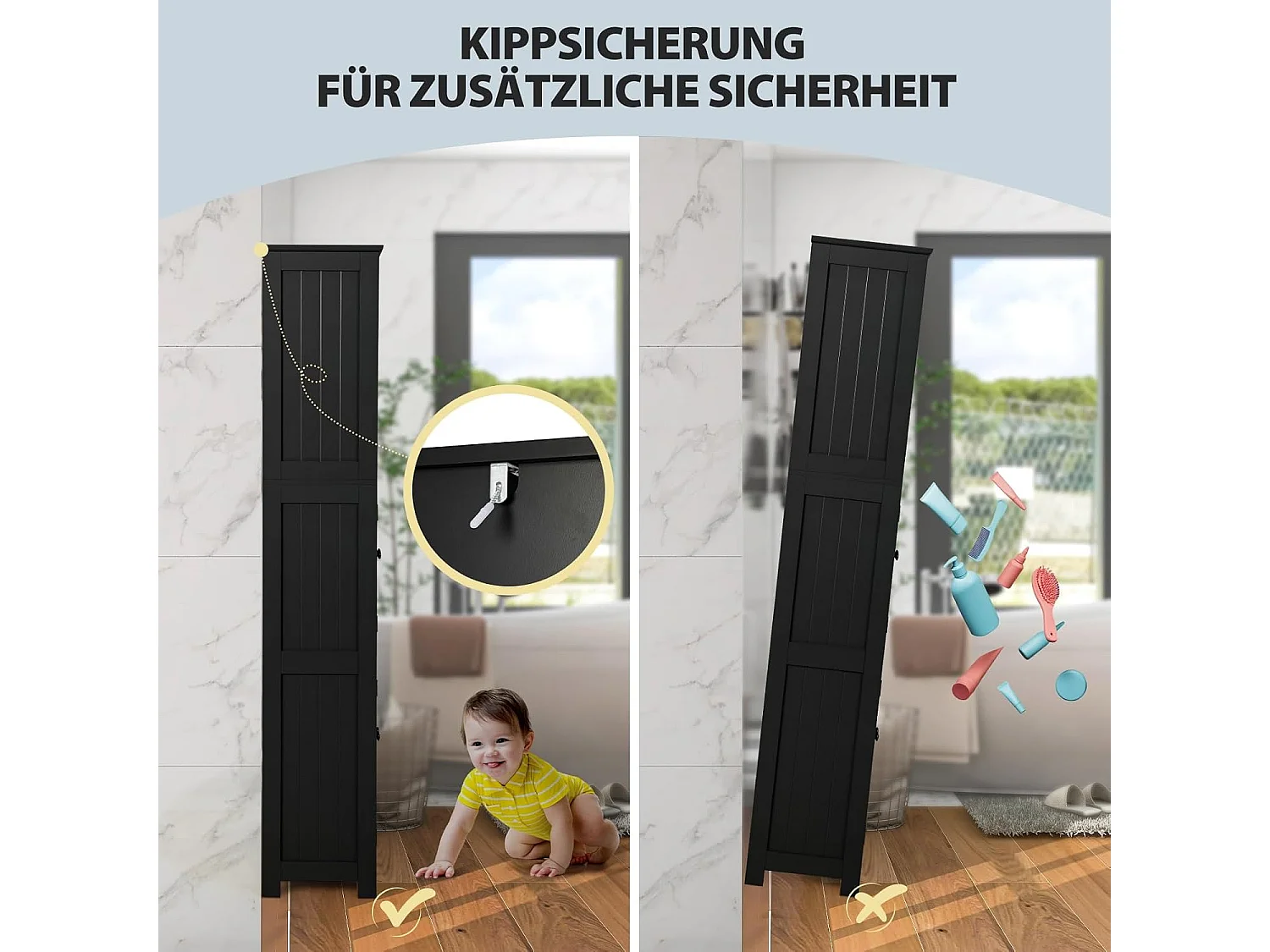 Badkamerkast met glazen deuren, 2 open vakken en verstelbare planken, hoge badkamerkast, opbergkast voor badkamer, keuken, woonkamer (zwart)VH32864