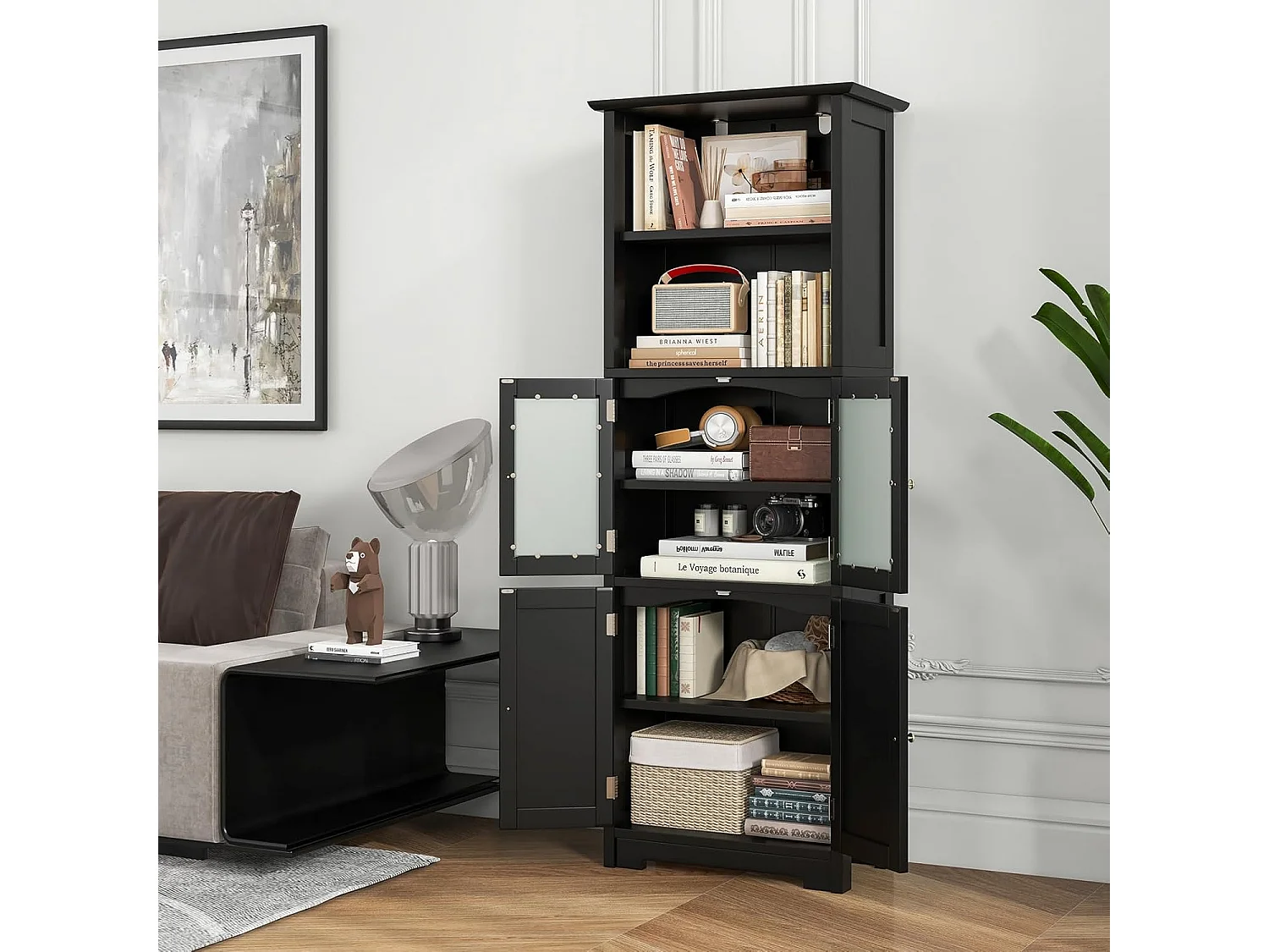 Badkamerkast met glazen deuren, 2 open vakken en verstelbare planken, hoge badkamerkast, opbergkast voor badkamer, keuken, woonkamer (zwart)VH32864