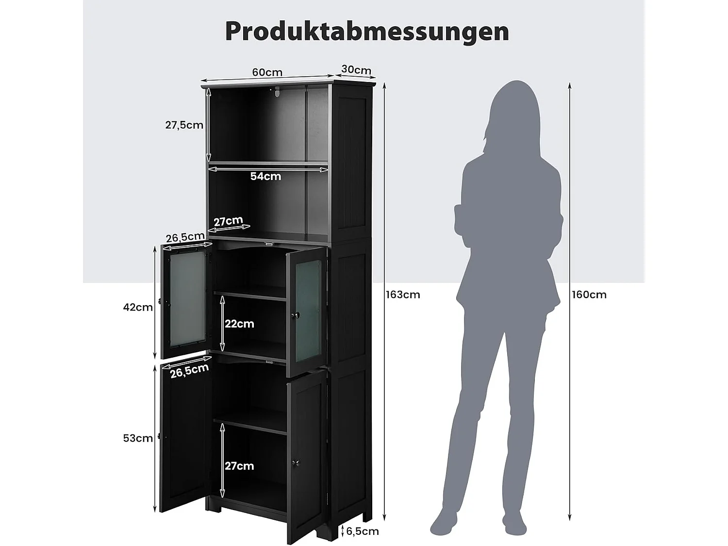 Badkamerkast met glazen deuren, 2 open vakken en verstelbare planken, hoge badkamerkast, opbergkast voor badkamer, keuken, woonkamer (zwart)VH32864