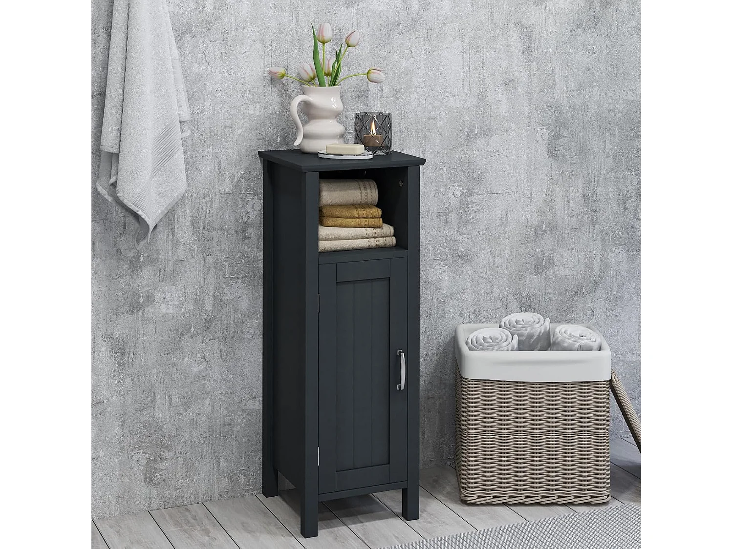 Badkamerkast, badkamerkast met open vak, kastdeur en verstelbare plank, bijzetkast, opbergkast voor badkamer, woonkamer, zwart, 30 x 30 x 80 cm TI83308