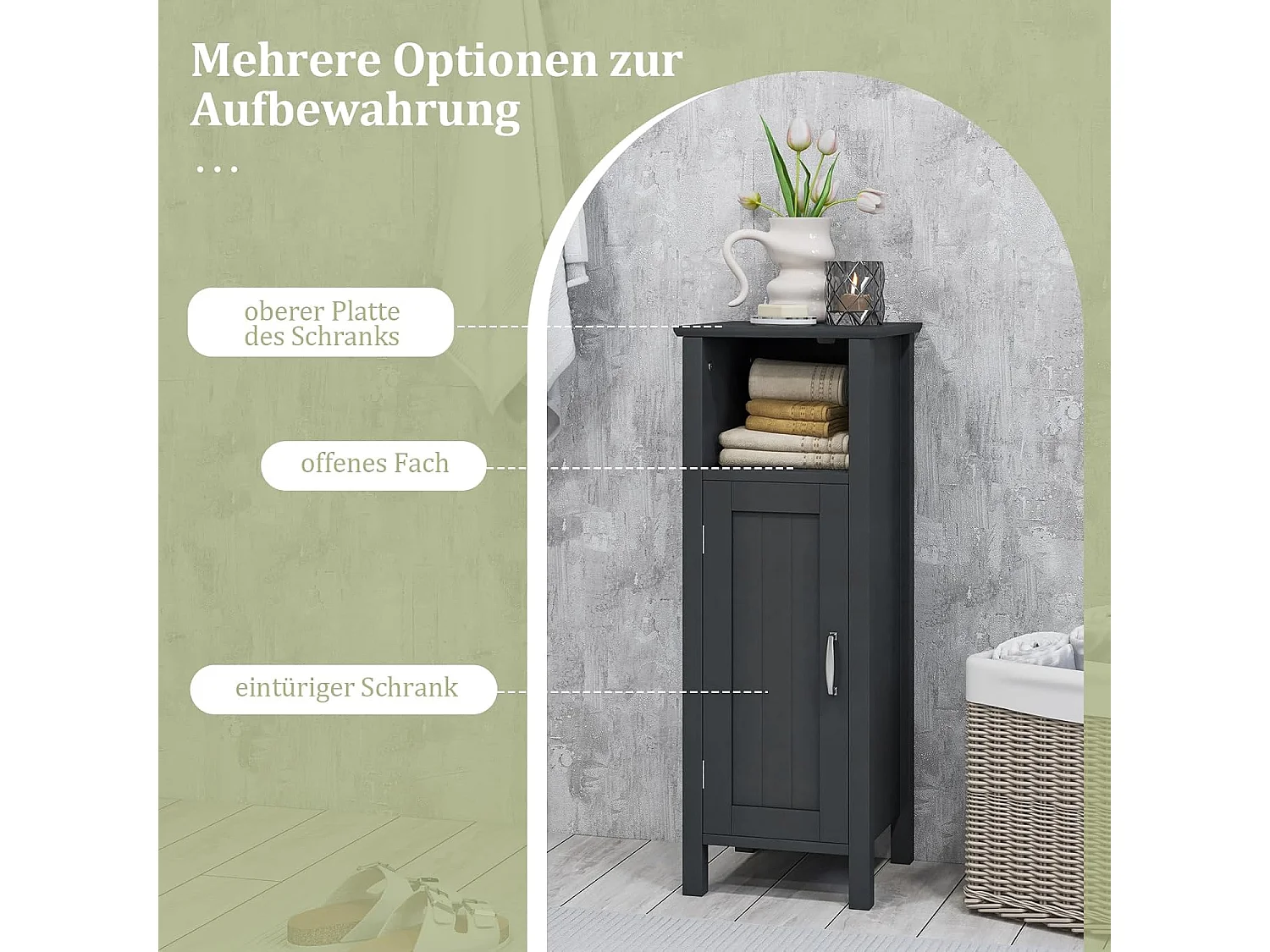 Badkamerkast, badkamerkast met open vak, kastdeur en verstelbare plank, bijzetkast, opbergkast voor badkamer, woonkamer, zwart, 30 x 30 x 80 cm TI83308