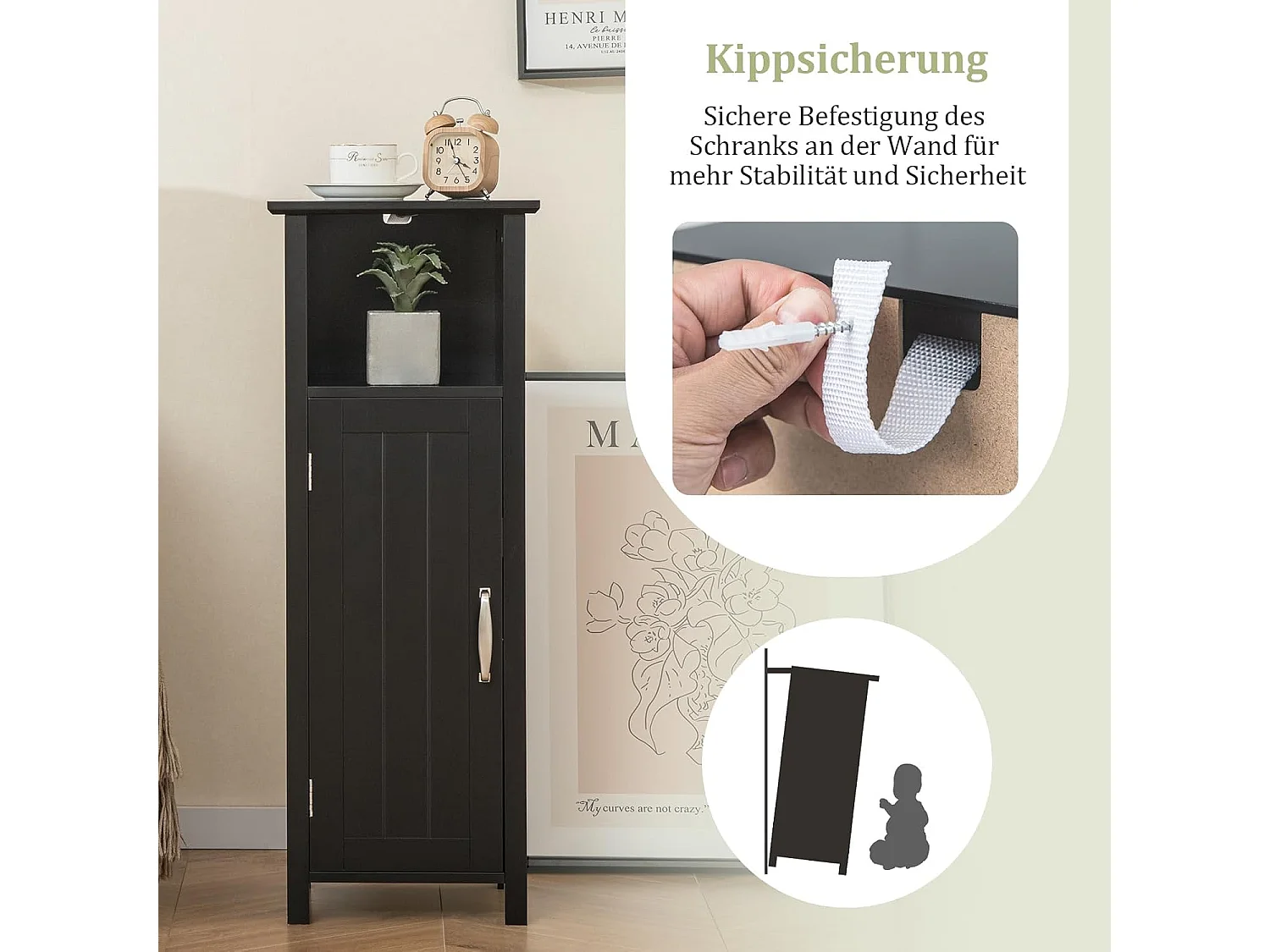 Badkamerkast, badkamerkast met open vak, kastdeur en verstelbare plank, bijzetkast, opbergkast voor badkamer, woonkamer, zwart, 30 x 30 x 80 cm TI83308