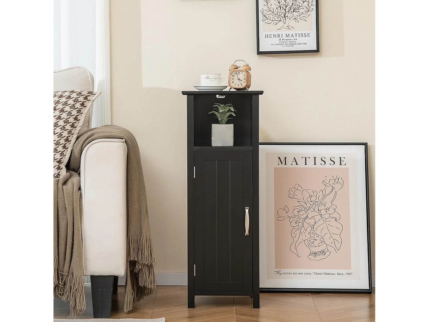 Badkamerkast, badkamerkast met open vak, kastdeur en verstelbare plank, bijzetkast, opbergkast voor badkamer, woonkamer, zwart, 30 x 30 x 80 cm TI83308