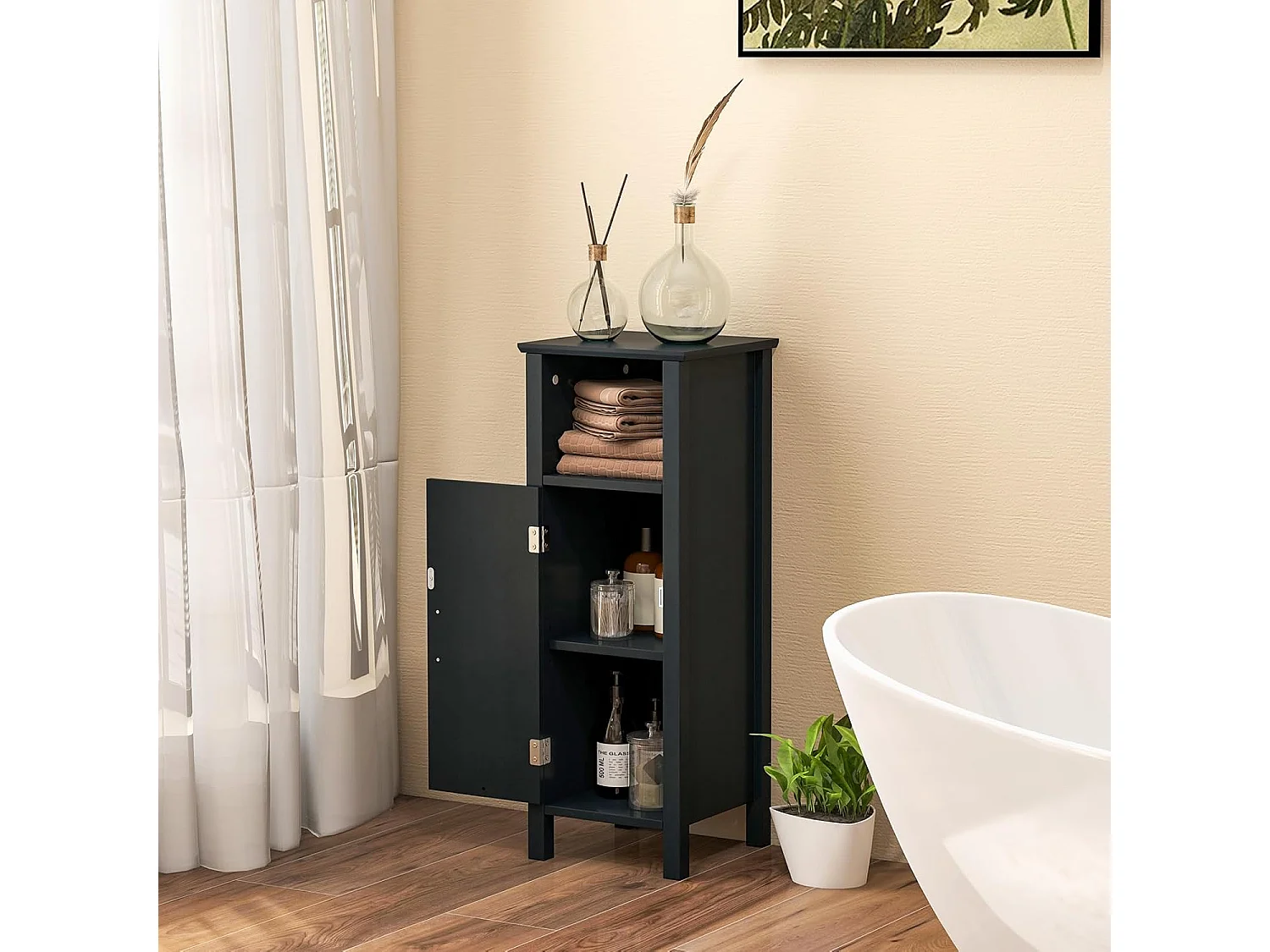 Badkamerkast, badkamerkast met open vak, kastdeur en verstelbare plank, bijzetkast, opbergkast voor badkamer, woonkamer, zwart, 30 x 30 x 80 cm TI83308