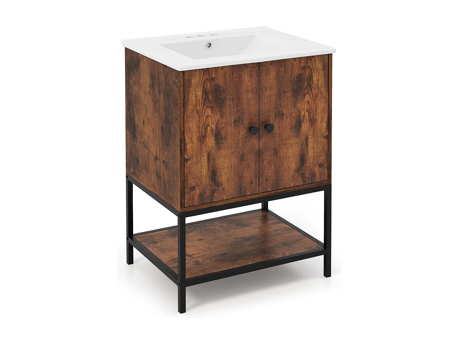 Wastafelonderkast met onderkast, wastafelonderkast met 2 deuren en open vak, wastafelonderkast hout, 61 x 46,5 x 87 cm, vintage bruinVH34262