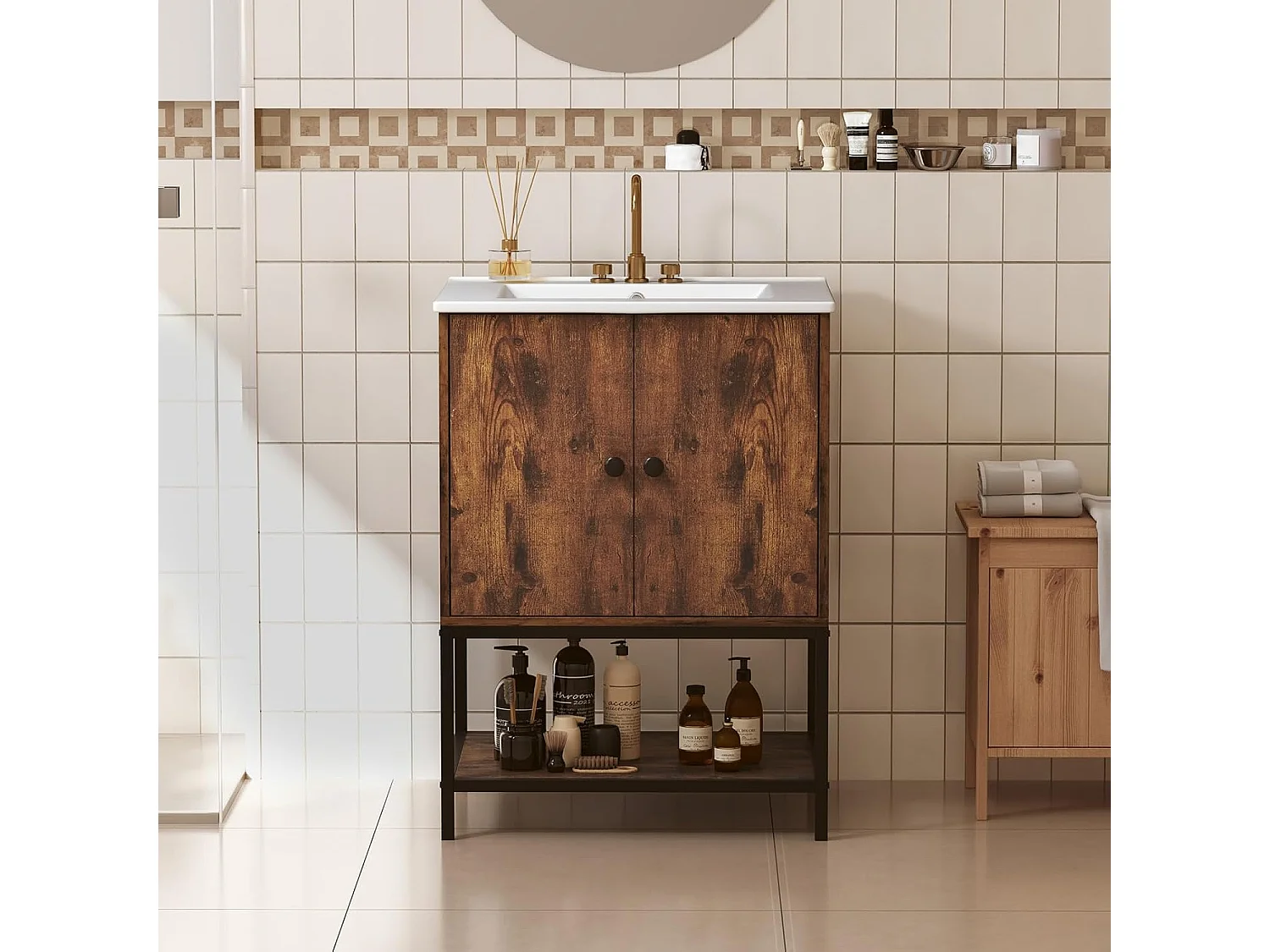 Wastafelonderkast met onderkast, wastafelonderkast met 2 deuren en open vak, wastafelonderkast hout, 61 x 46,5 x 87 cm, vintage bruinVH34262