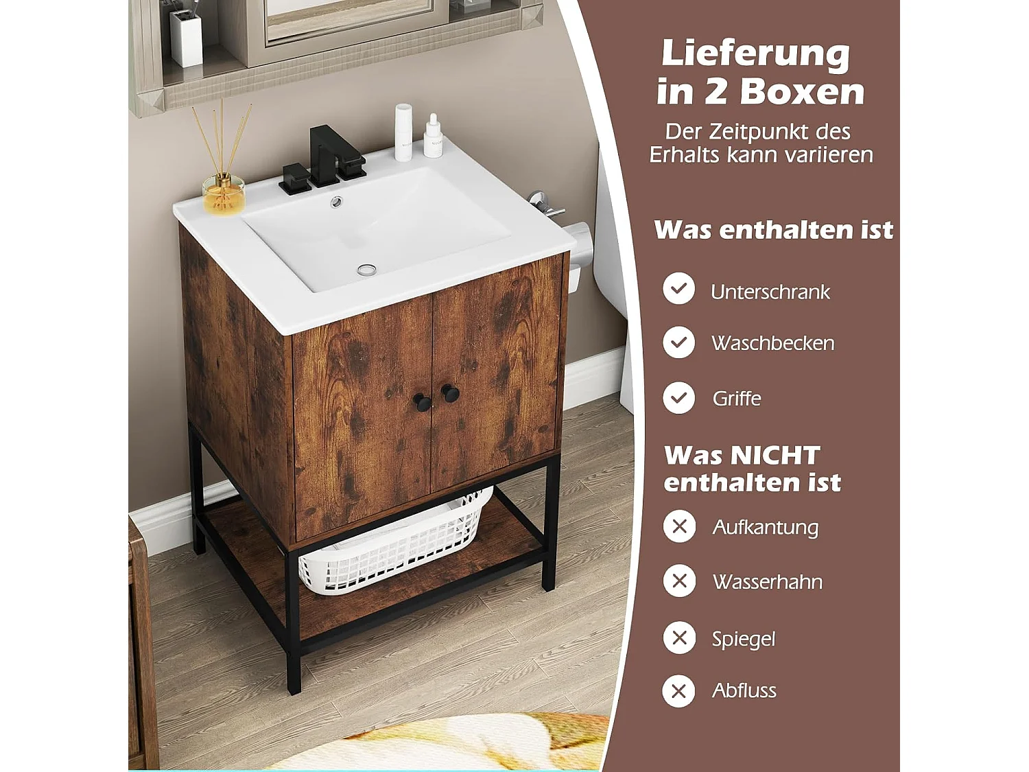 Wastafelonderkast met onderkast, wastafelonderkast met 2 deuren en open vak, wastafelonderkast hout, 61 x 46,5 x 87 cm, vintage bruinVH34262