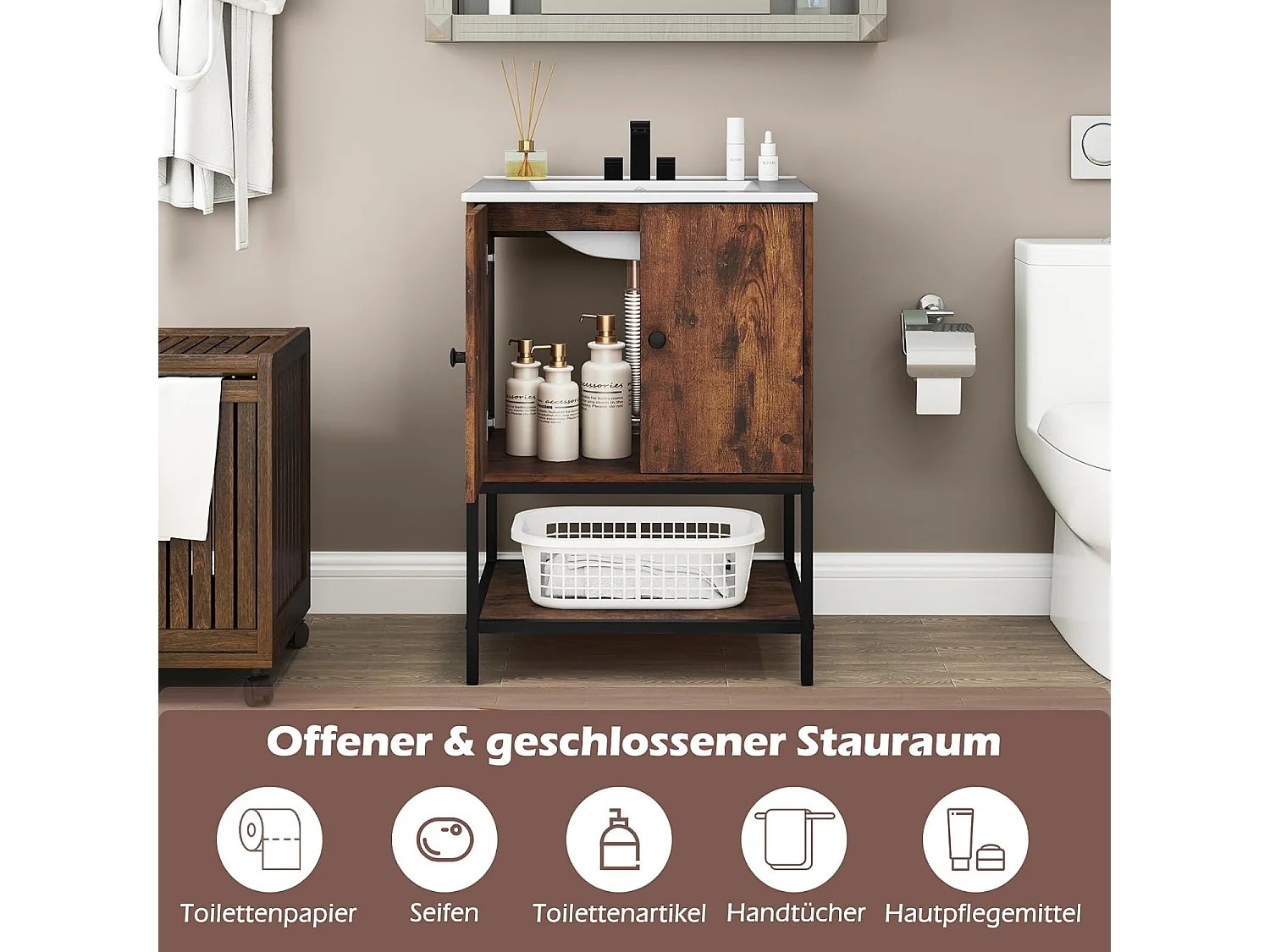 Wastafelonderkast met onderkast, wastafelonderkast met 2 deuren en open vak, wastafelonderkast hout, 61 x 46,5 x 87 cm, vintage bruinVH34262