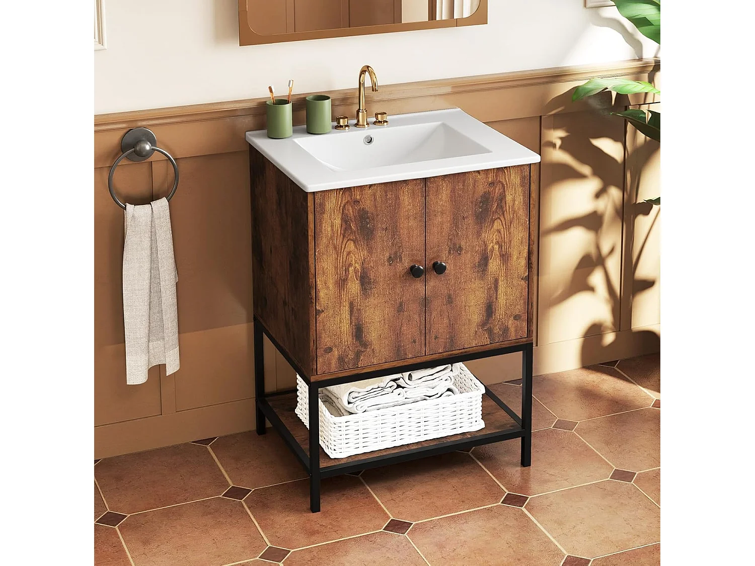 Wastafelonderkast met onderkast, wastafelonderkast met 2 deuren en open vak, wastafelonderkast hout, 61 x 46,5 x 87 cm, vintage bruinVH34262