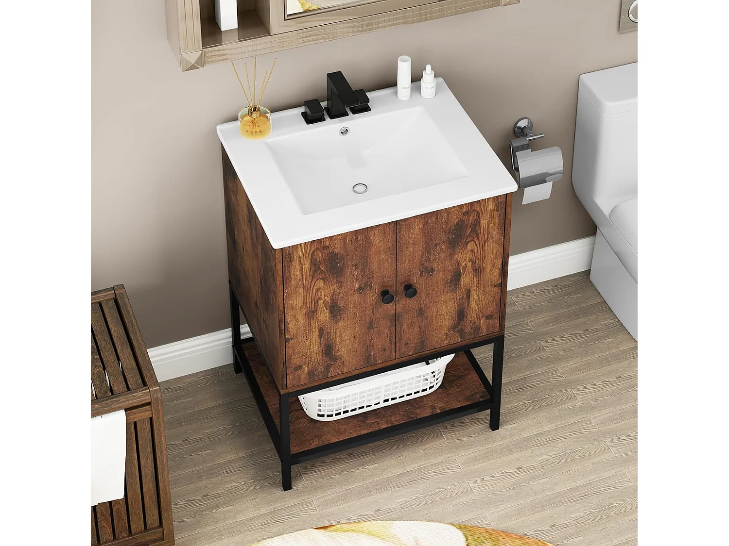 Wastafelonderkast met onderkast, wastafelonderkast met 2 deuren en open vak, wastafelonderkast hout, 61 x 46,5 x 87 cm, vintage bruinVH34262