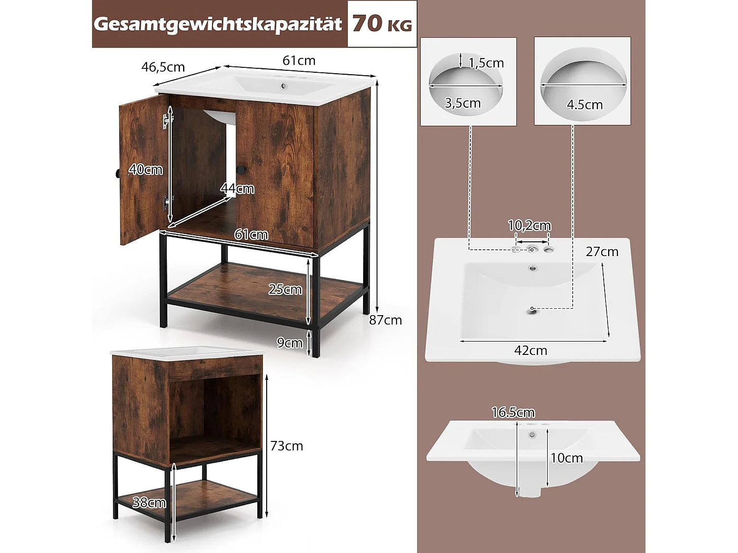 Wastafelonderkast met onderkast, wastafelonderkast met 2 deuren en open vak, wastafelonderkast hout, 61 x 46,5 x 87 cm, vintage bruinVH34262