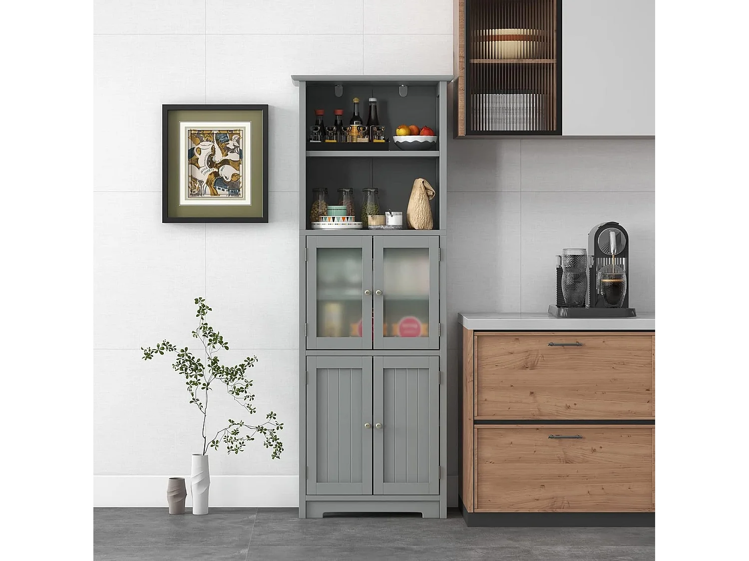 Badkamerkast met glazen deuren, 2 open vakken en verstelbare planken, hoge badkamerkast, opbergkast voor badkamer, keuken, woonkamer (grijs)VH32864