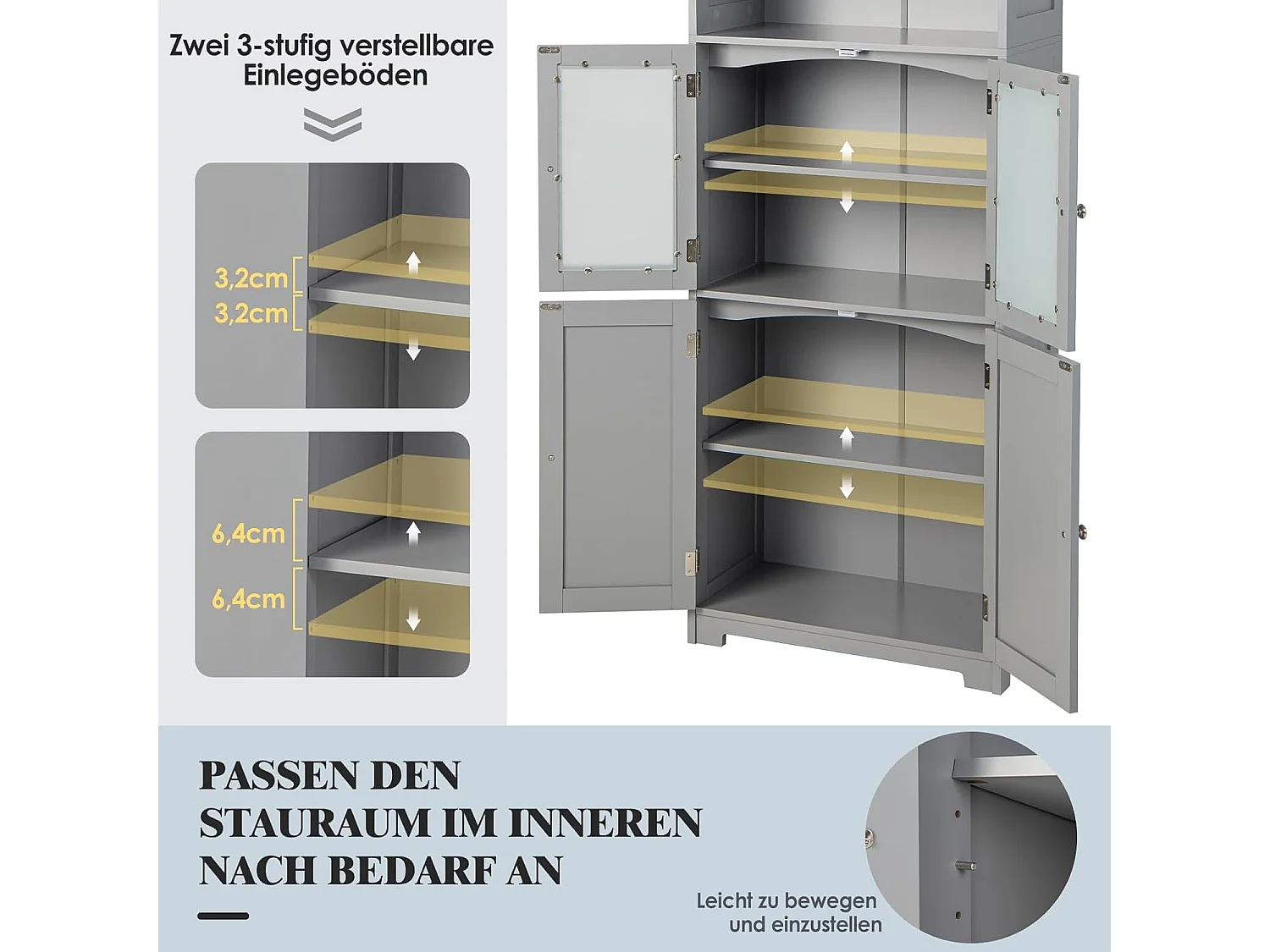 Badkamerkast met glazen deuren, 2 open vakken en verstelbare planken, hoge badkamerkast, opbergkast voor badkamer, keuken, woonkamer (grijs)VH32864