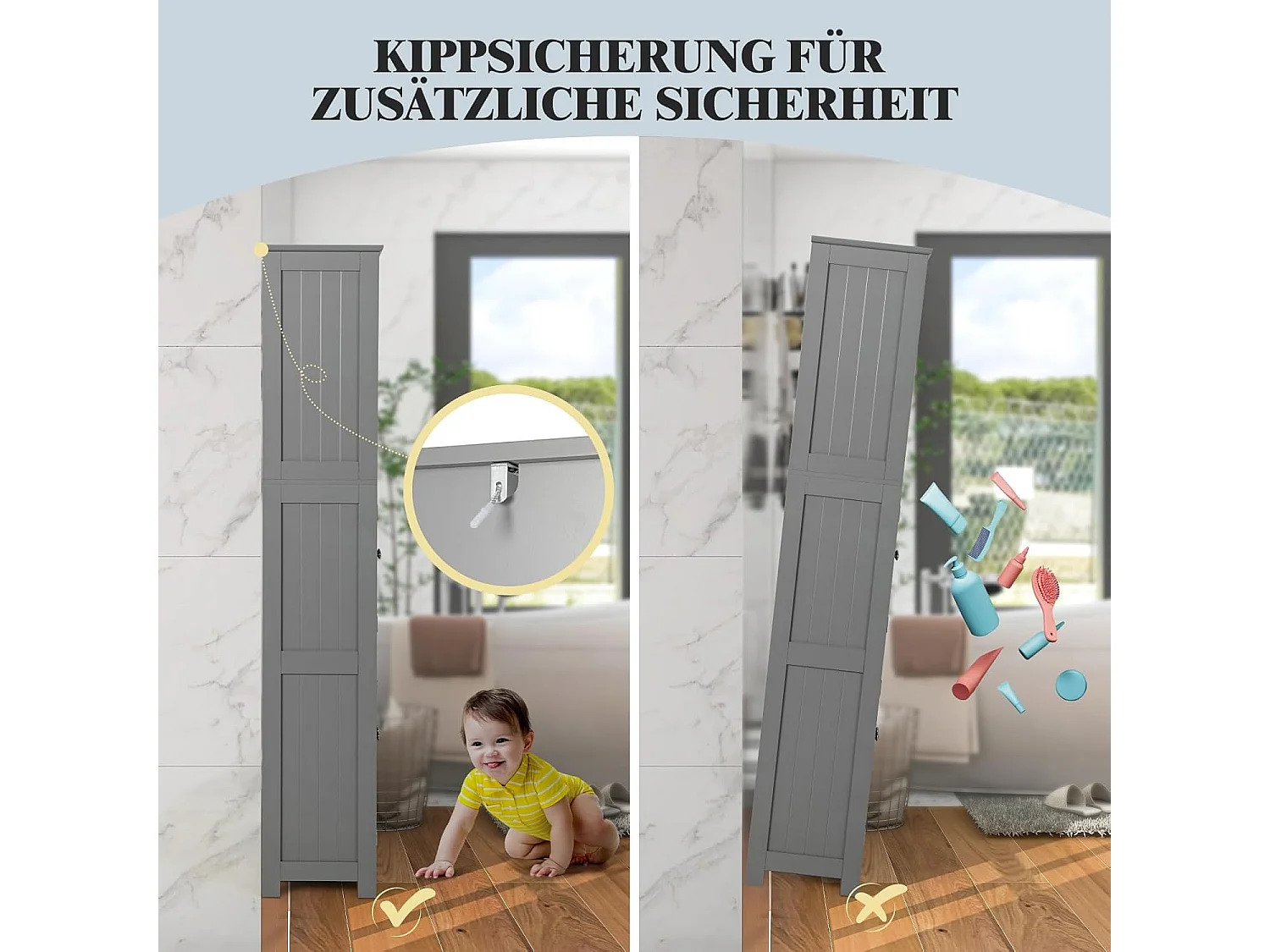 Badkamerkast met glazen deuren, 2 open vakken en verstelbare planken, hoge badkamerkast, opbergkast voor badkamer, keuken, woonkamer (grijs)VH32864