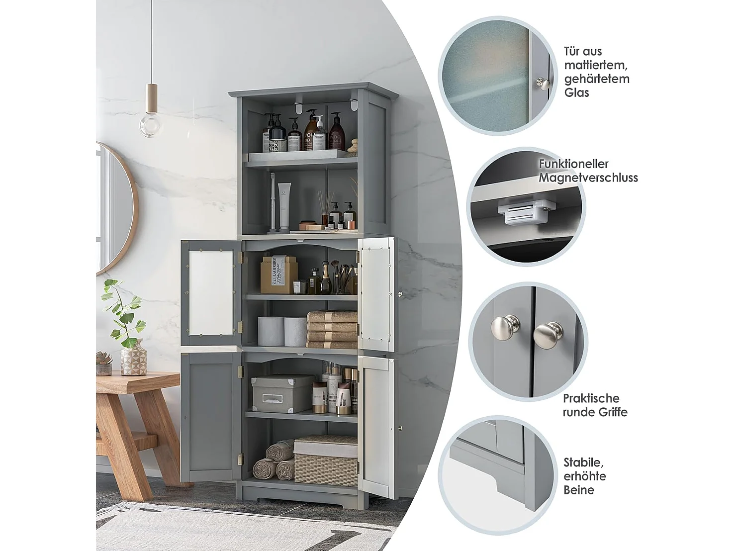 Badkamerkast met glazen deuren, 2 open vakken en verstelbare planken, hoge badkamerkast, opbergkast voor badkamer, keuken, woonkamer (grijs)VH32864