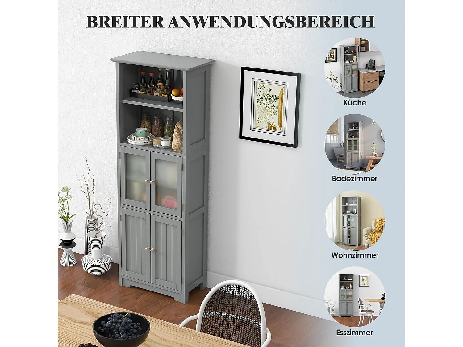 Badkamerkast met glazen deuren, 2 open vakken en verstelbare planken, hoge badkamerkast, opbergkast voor badkamer, keuken, woonkamer (grijs)VH32864