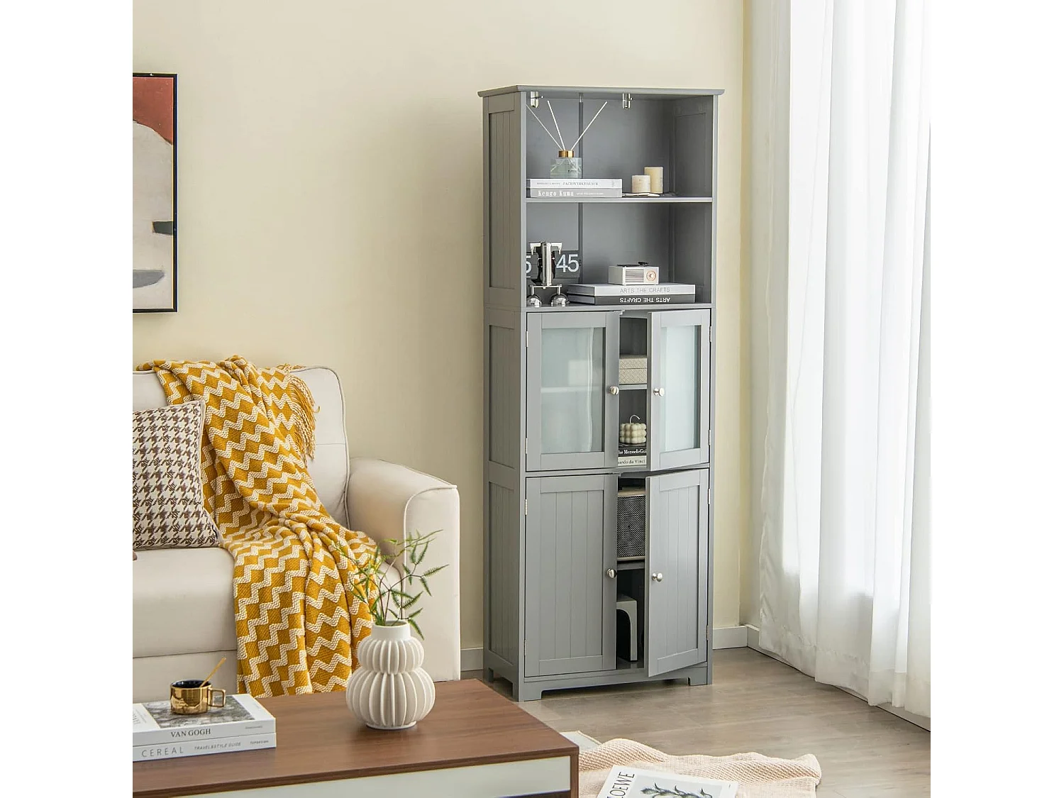 Badkamerkast met glazen deuren, 2 open vakken en verstelbare planken, hoge badkamerkast, opbergkast voor badkamer, keuken, woonkamer (grijs)VH32864