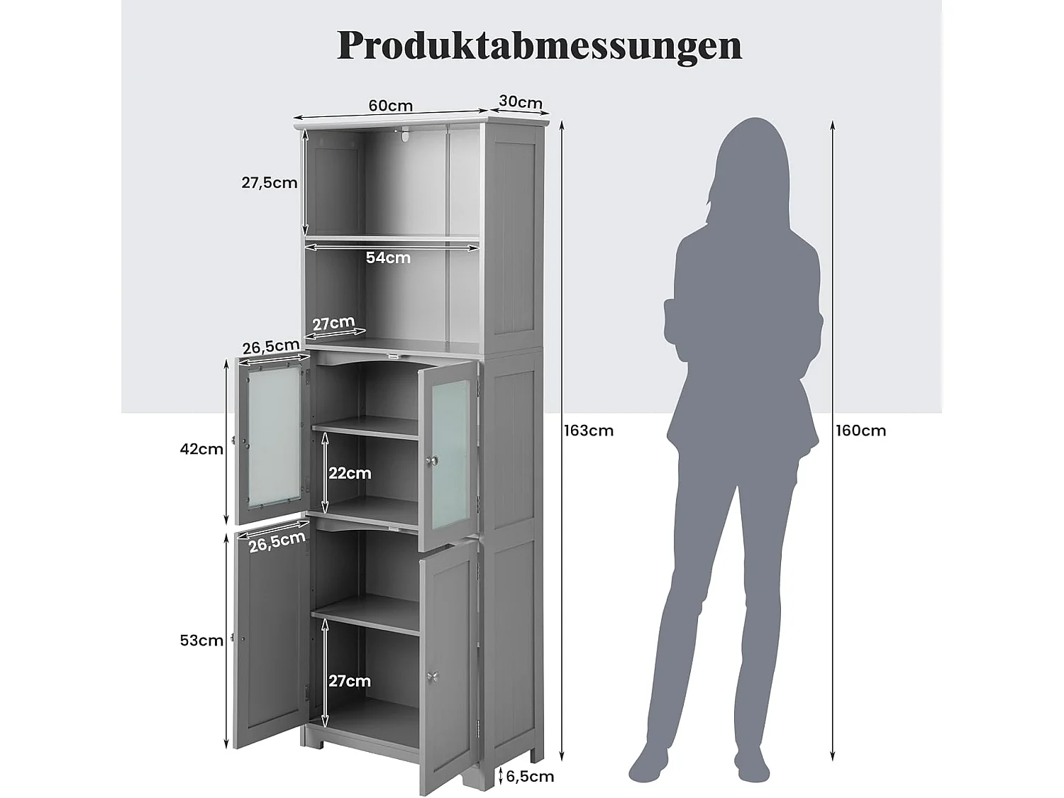 Badkamerkast met glazen deuren, 2 open vakken en verstelbare planken, hoge badkamerkast, opbergkast voor badkamer, keuken, woonkamer (grijs)VH32864