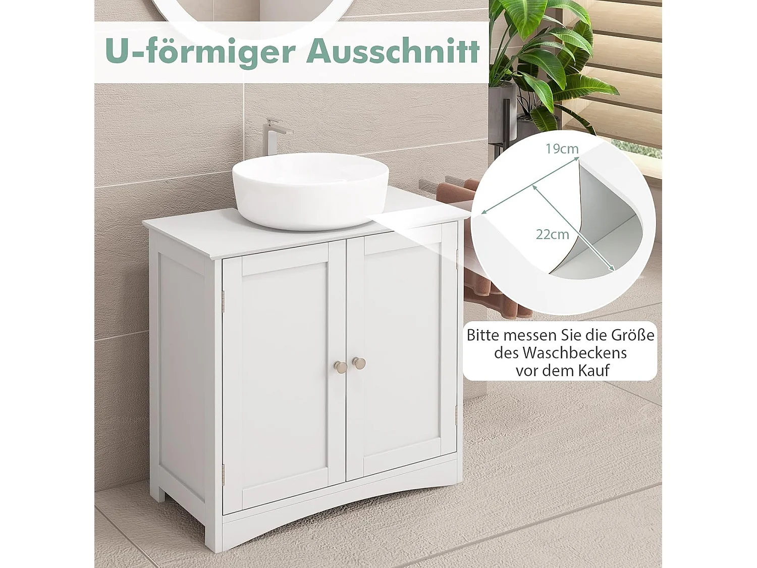 Wastafelonderkast, badkamerkast met 2 deuren en verstelbare plank, badkameronderkast in landelijke stijl, witte wastafelonderkast 60 x 30 x 60 cmVH33917