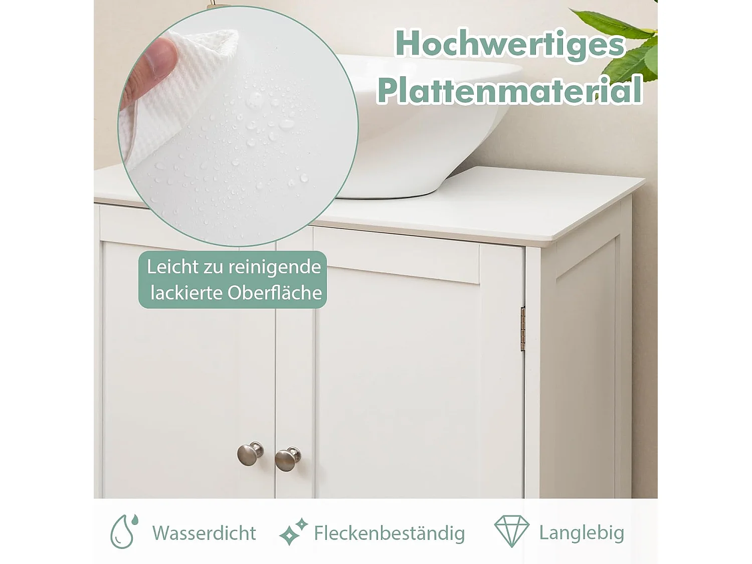 Wastafelonderkast, badkamerkast met 2 deuren en verstelbare plank, badkameronderkast in landelijke stijl, witte wastafelonderkast 60 x 30 x 60 cmVH33917