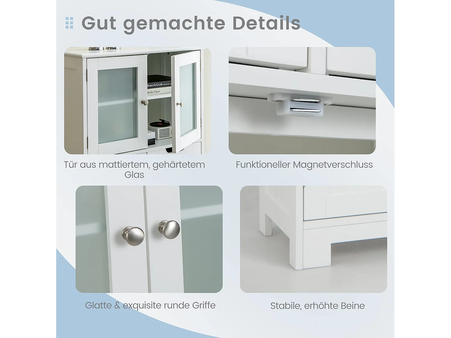 Badkamerkast met 2 laden en 4 deuren, badkamerkast met verstelbare planken, opbergkast voor badkamer, keuken, woonkamer (wit)VH34458