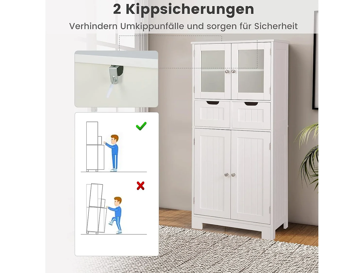Badkamerkast met 2 laden en 4 deuren, badkamerkast met verstelbare planken, opbergkast voor badkamer, keuken, woonkamer (wit)VH34458