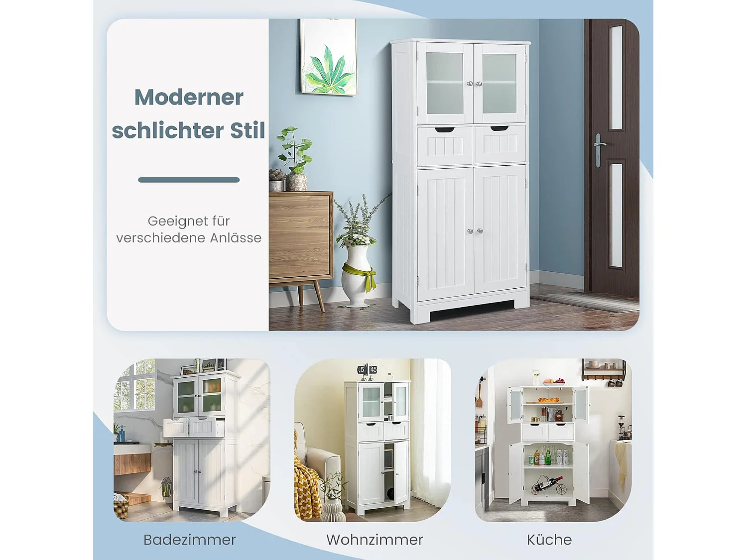 Badkamerkast met 2 laden en 4 deuren, badkamerkast met verstelbare planken, opbergkast voor badkamer, keuken, woonkamer (wit)VH34458