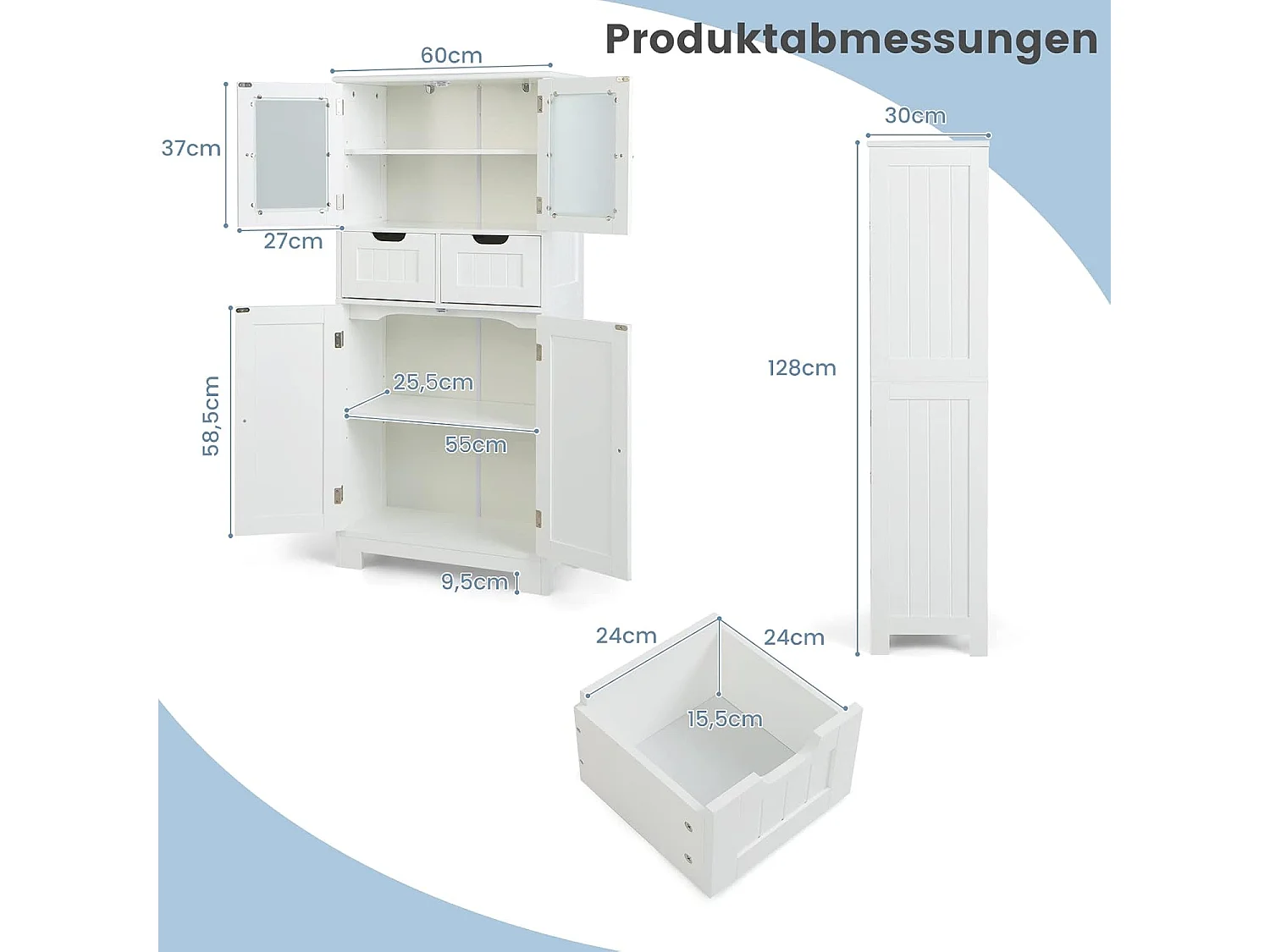 Badkamerkast met 2 laden en 4 deuren, badkamerkast met verstelbare planken, opbergkast voor badkamer, keuken, woonkamer (wit)VH34458