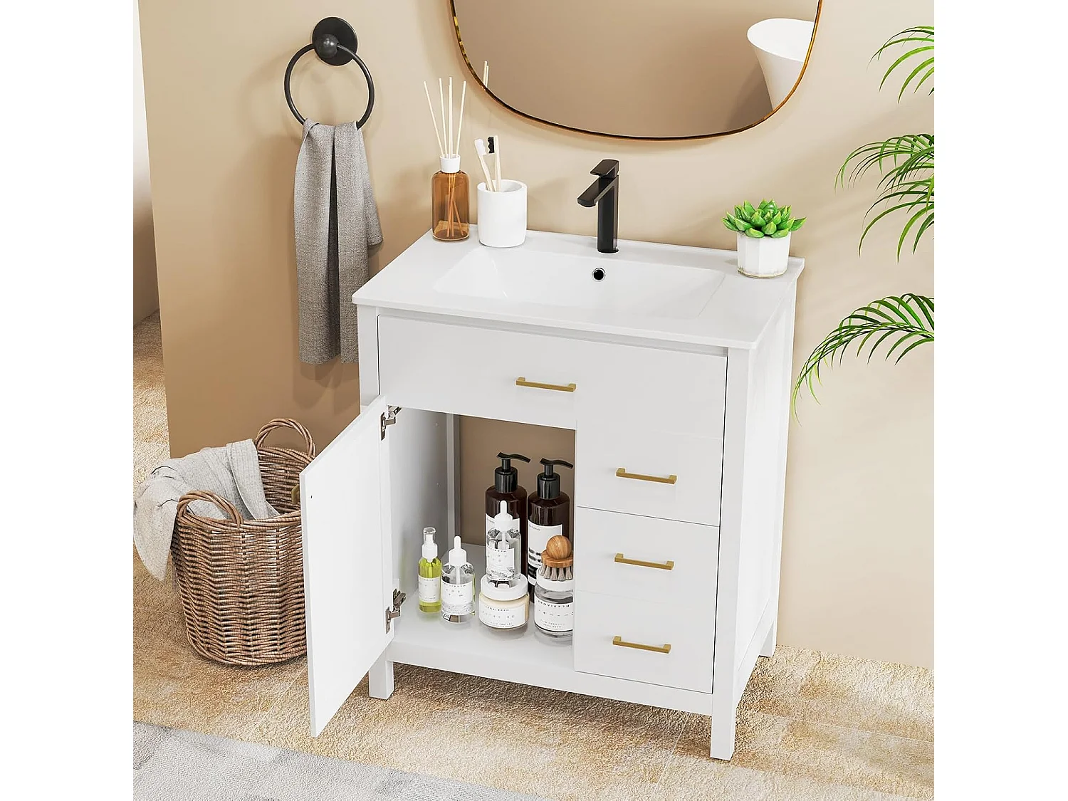 Wastafelonderkast met onderkast, wastafelonderkast met 2 laden en 2 deuren, wastafelonderkast hout, 76 x 46,5 x 86 cm, witVH34263