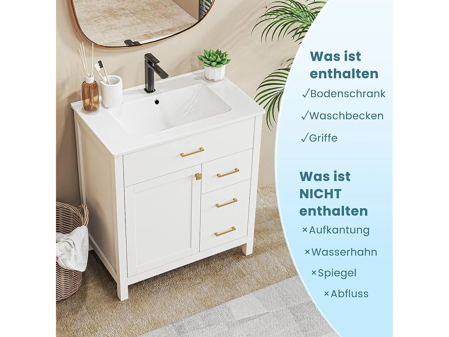 Wastafelonderkast met onderkast, wastafelonderkast met 2 laden en 2 deuren, wastafelonderkast hout, 76 x 46,5 x 86 cm, witVH34263