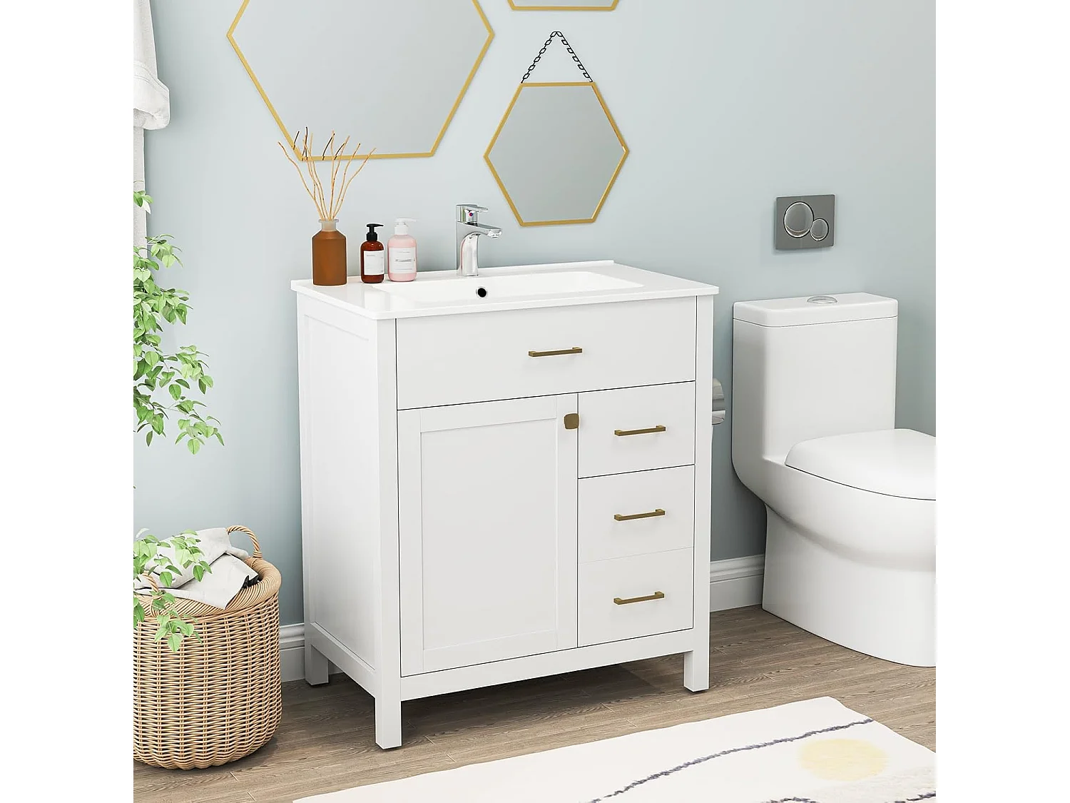 Wastafelonderkast met onderkast, wastafelonderkast met 2 laden en 2 deuren, wastafelonderkast hout, 76 x 46,5 x 86 cm, witVH34263