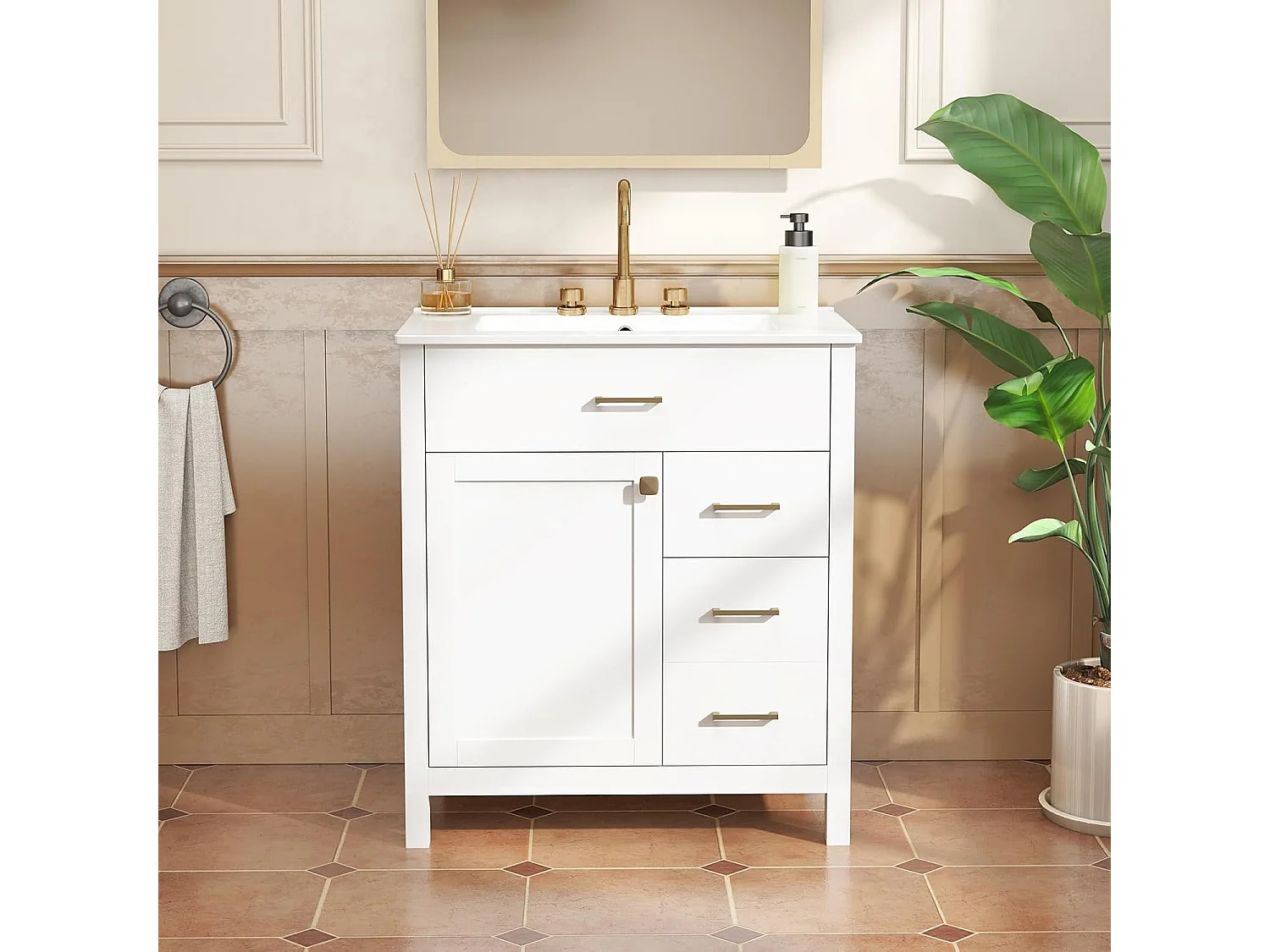 Wastafelonderkast met onderkast, wastafelonderkast met 2 laden en 2 deuren, wastafelonderkast hout, 76 x 46,5 x 86 cm, witVH34263