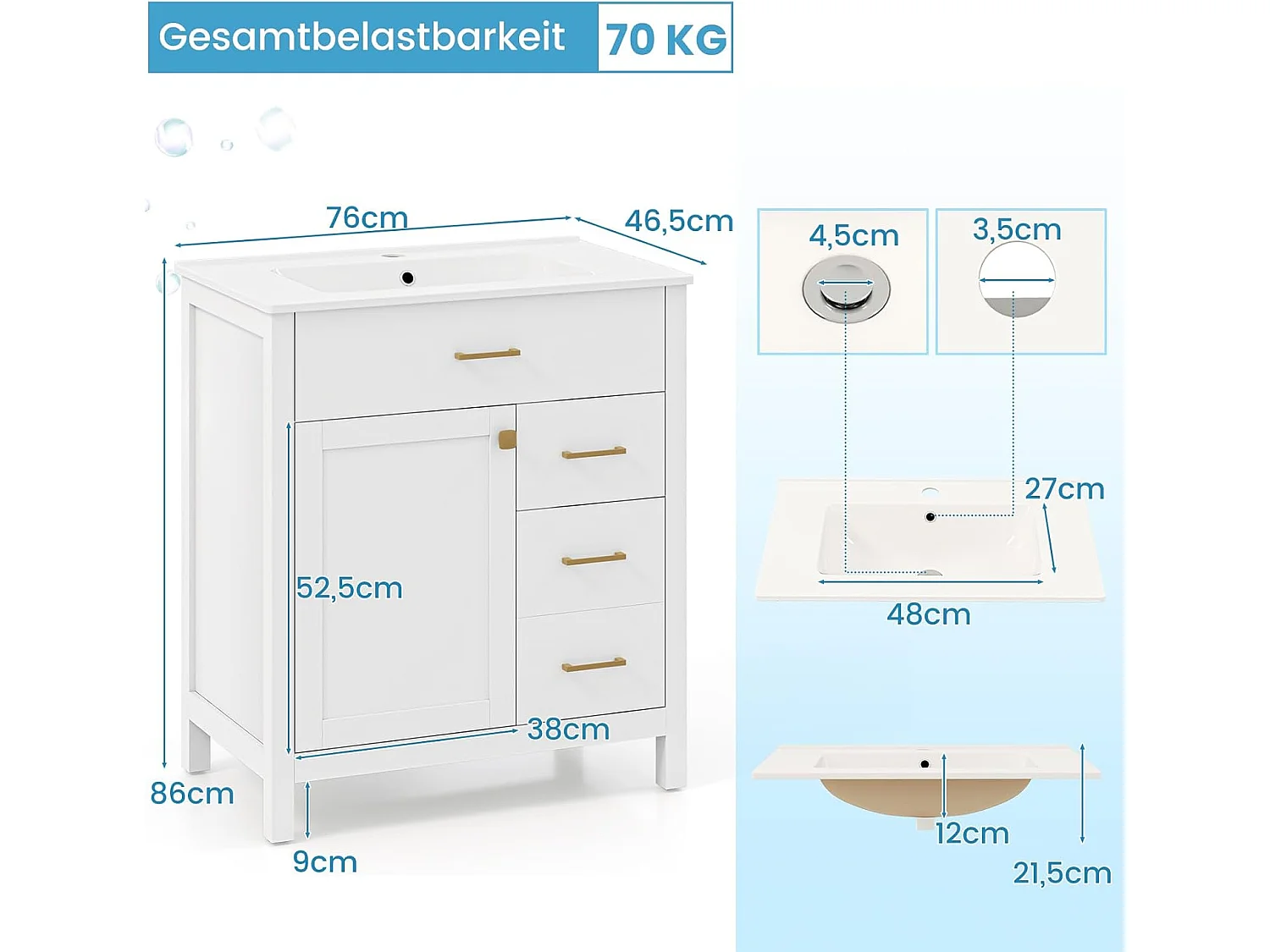 Wastafelonderkast met onderkast, wastafelonderkast met 2 laden en 2 deuren, wastafelonderkast hout, 76 x 46,5 x 86 cm, witVH34263