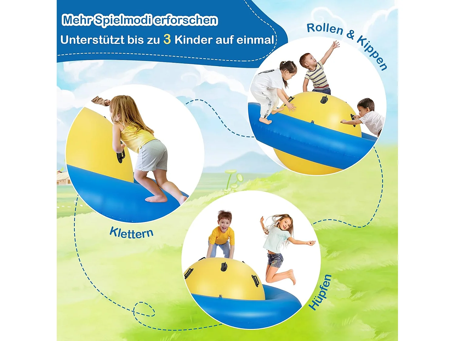 Opblaasbare koepelwip voor kinderen,223 cm grote kinderwip om te rollen,met 6 geïntegreerde handgrepen,outdoor-wip voor kinderen vanaf 5 jaar (geel + blauw)ZB32102