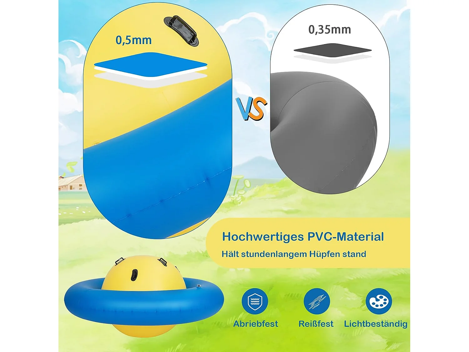 Opblaasbare koepelwip voor kinderen,223 cm grote kinderwip om te rollen,met 6 geïntegreerde handgrepen,outdoor-wip voor kinderen vanaf 5 jaar (geel + blauw)ZB32102