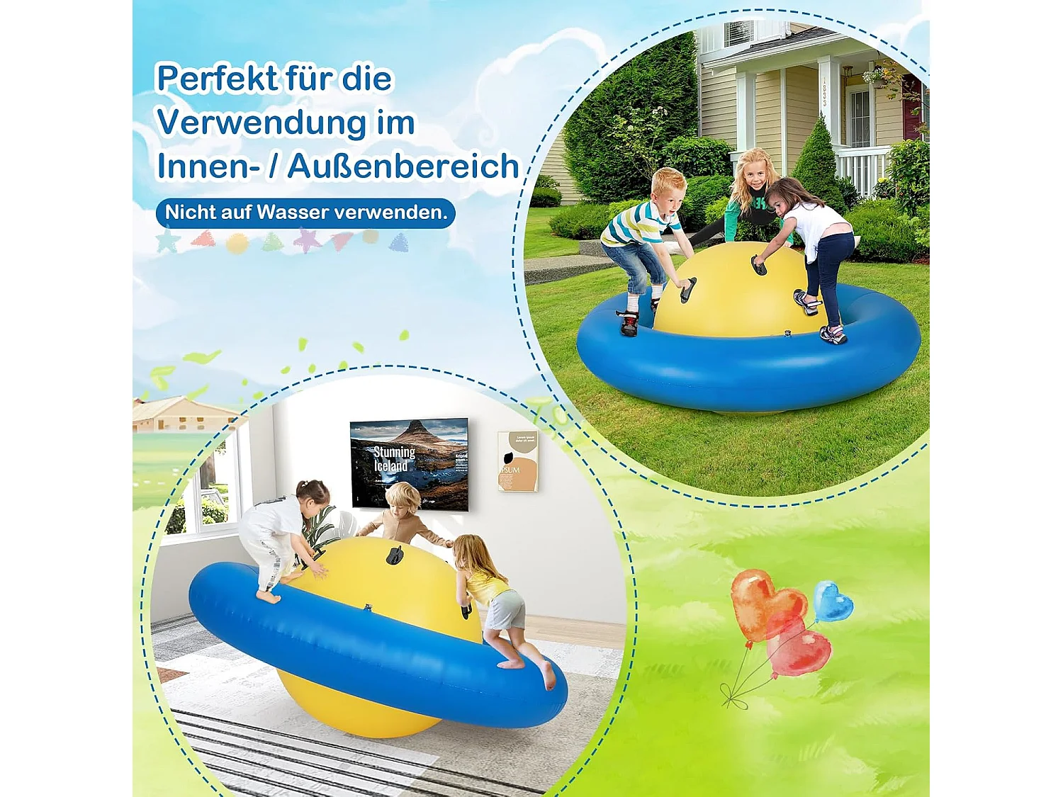 Opblaasbare koepelwip voor kinderen,223 cm grote kinderwip om te rollen,met 6 geïntegreerde handgrepen,outdoor-wip voor kinderen vanaf 5 jaar (geel + blauw)ZB32102