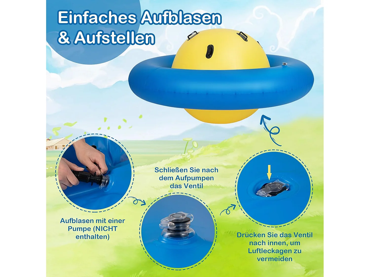 Opblaasbare koepelwip voor kinderen,223 cm grote kinderwip om te rollen,met 6 geïntegreerde handgrepen,outdoor-wip voor kinderen vanaf 5 jaar (geel + blauw)ZB32102