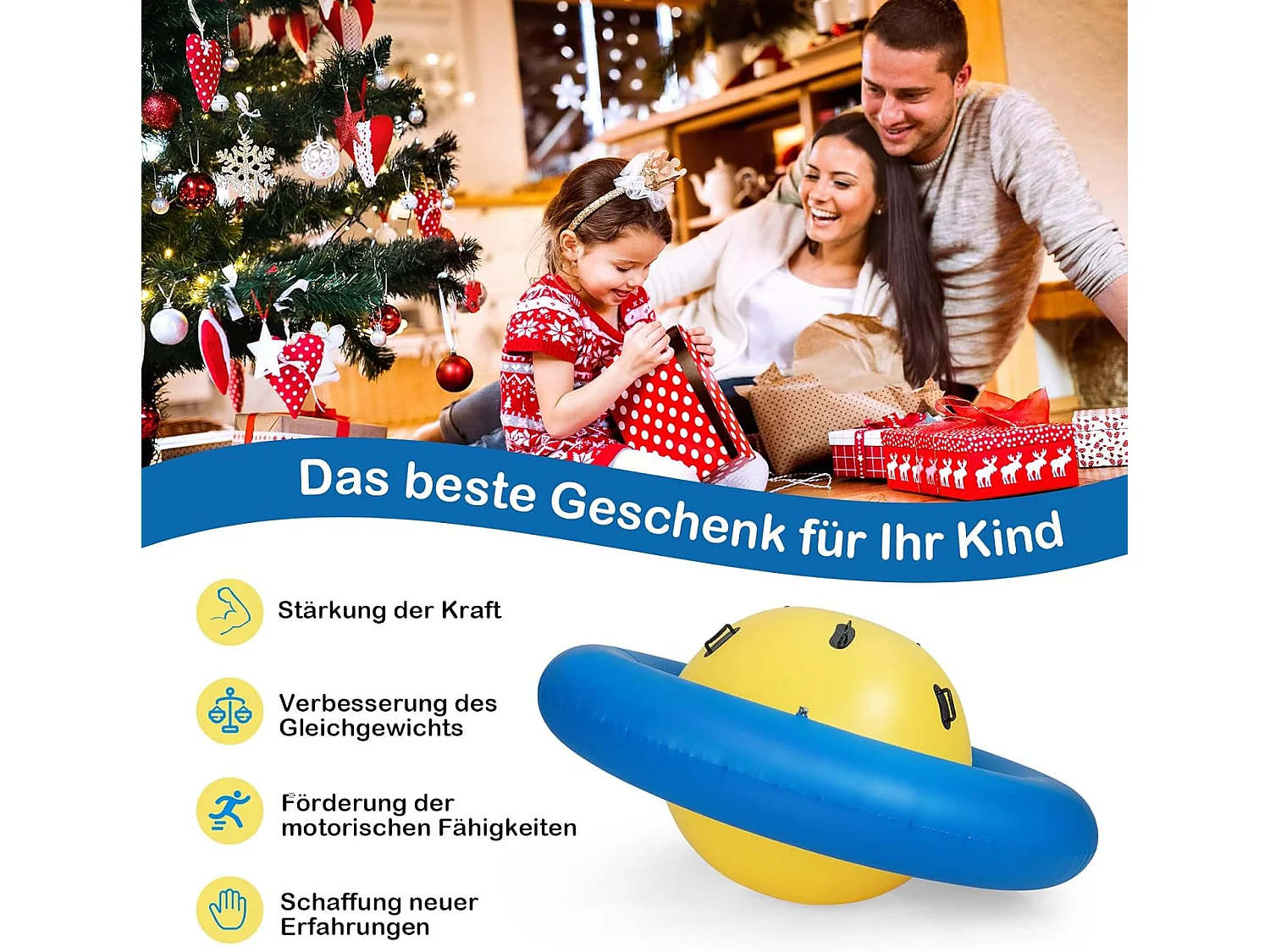 Opblaasbare koepelwip voor kinderen,223 cm grote kinderwip om te rollen,met 6 geïntegreerde handgrepen,outdoor-wip voor kinderen vanaf 5 jaar (geel + blauw)ZB32102