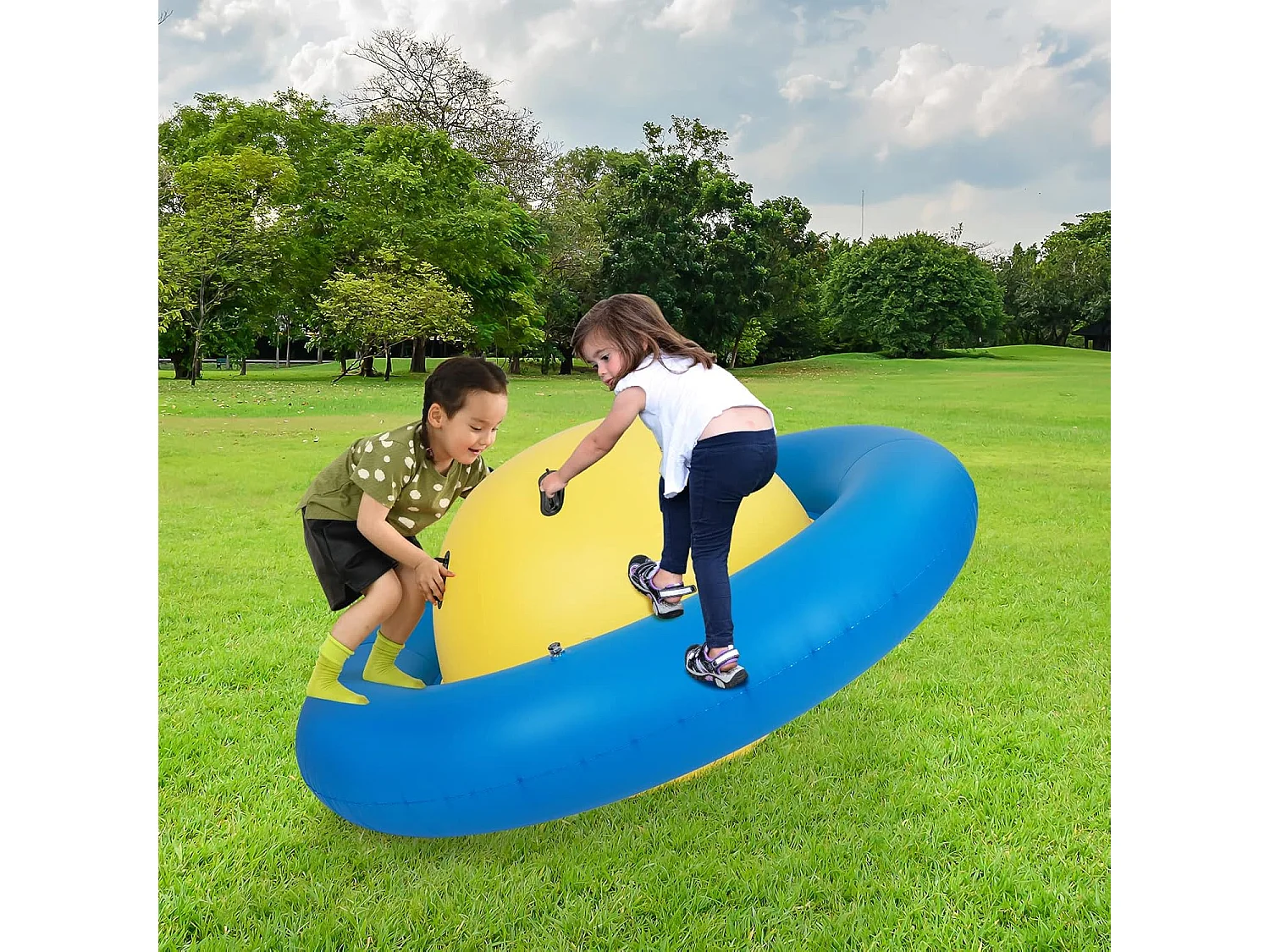 Opblaasbare koepelwip voor kinderen,223 cm grote kinderwip om te rollen,met 6 geïntegreerde handgrepen,outdoor-wip voor kinderen vanaf 5 jaar (geel + blauw)ZB32102