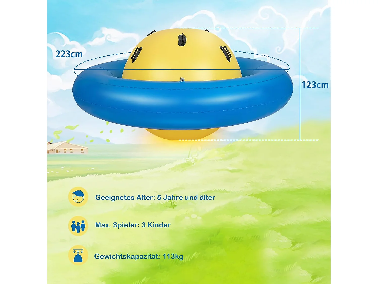 Opblaasbare koepelwip voor kinderen,223 cm grote kinderwip om te rollen,met 6 geïntegreerde handgrepen,outdoor-wip voor kinderen vanaf 5 jaar (geel + blauw)ZB32102