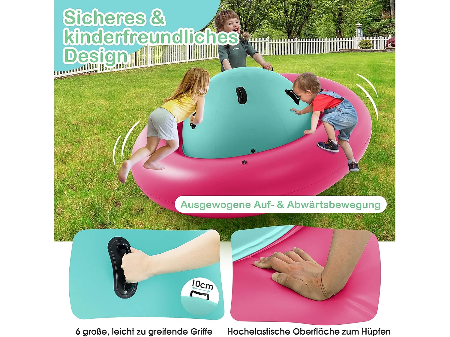 Opblaasbare koepelwip voor kinderen,223 cm grote kinderwip om te rollen,met 6 geïntegreerde handgrepen, outdoorwip voor kinderen vanaf 5 jaar (roze + groen)ZB32102