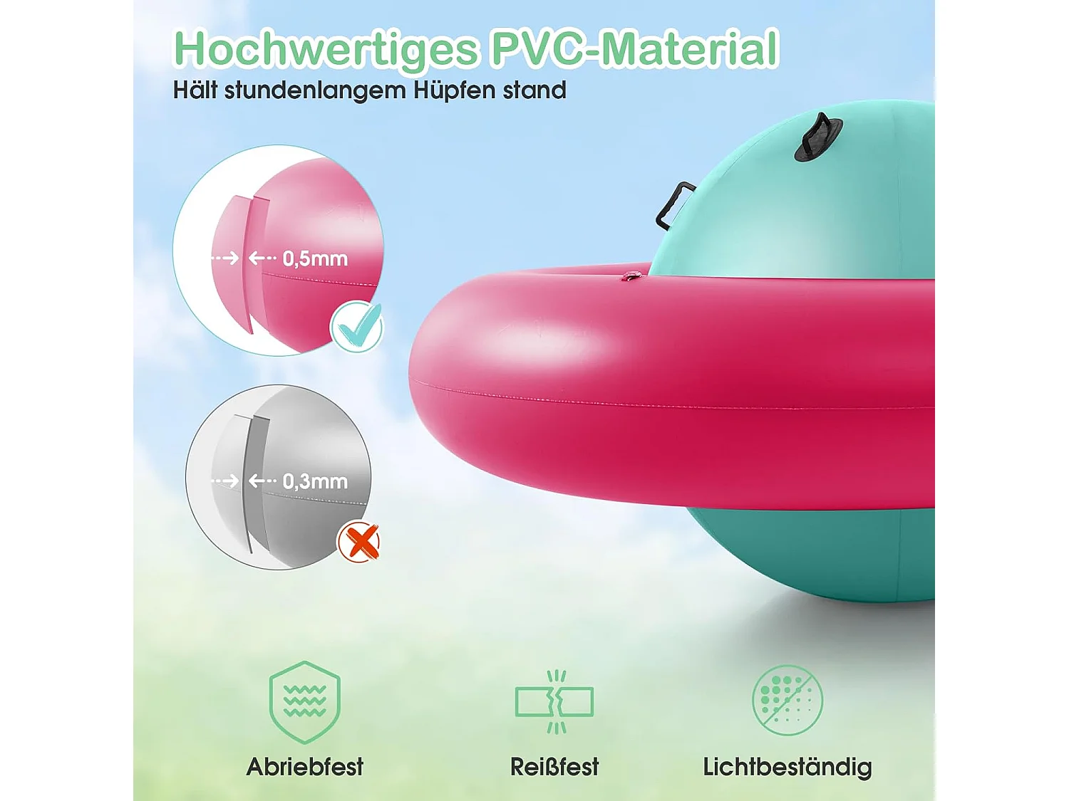 Opblaasbare koepelwip voor kinderen,223 cm grote kinderwip om te rollen,met 6 geïntegreerde handgrepen, outdoorwip voor kinderen vanaf 5 jaar (roze + groen)ZB32102