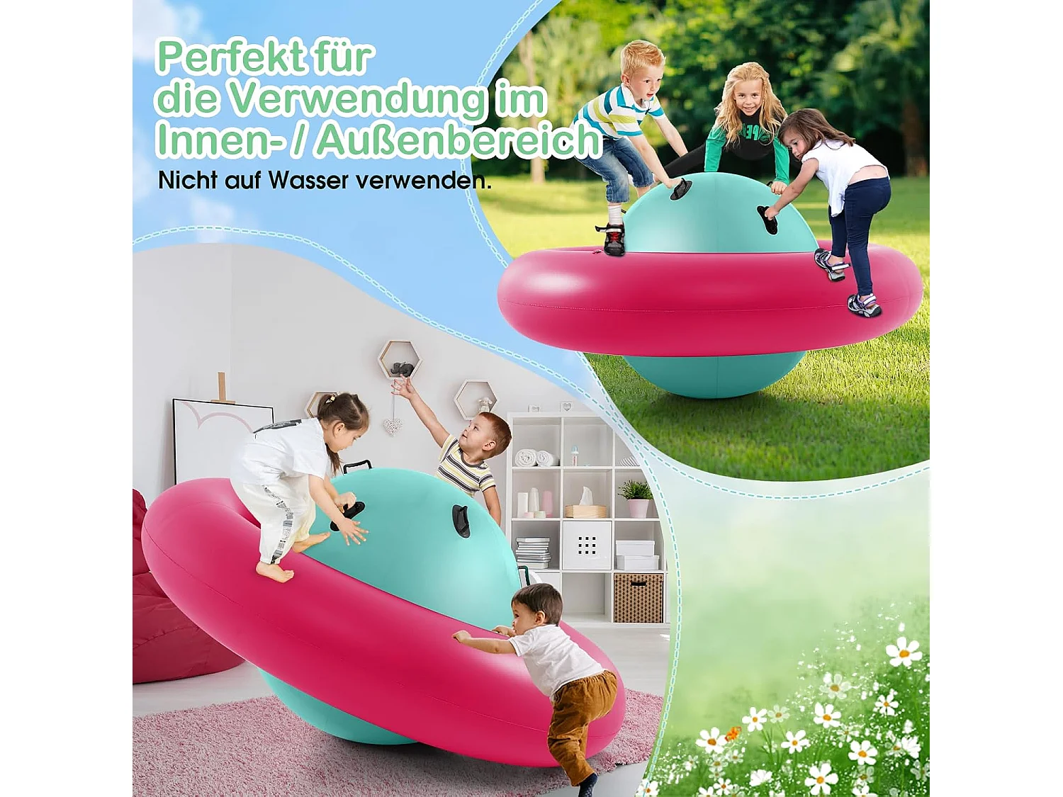 Opblaasbare koepelwip voor kinderen,223 cm grote kinderwip om te rollen,met 6 geïntegreerde handgrepen, outdoorwip voor kinderen vanaf 5 jaar (roze + groen)ZB32102