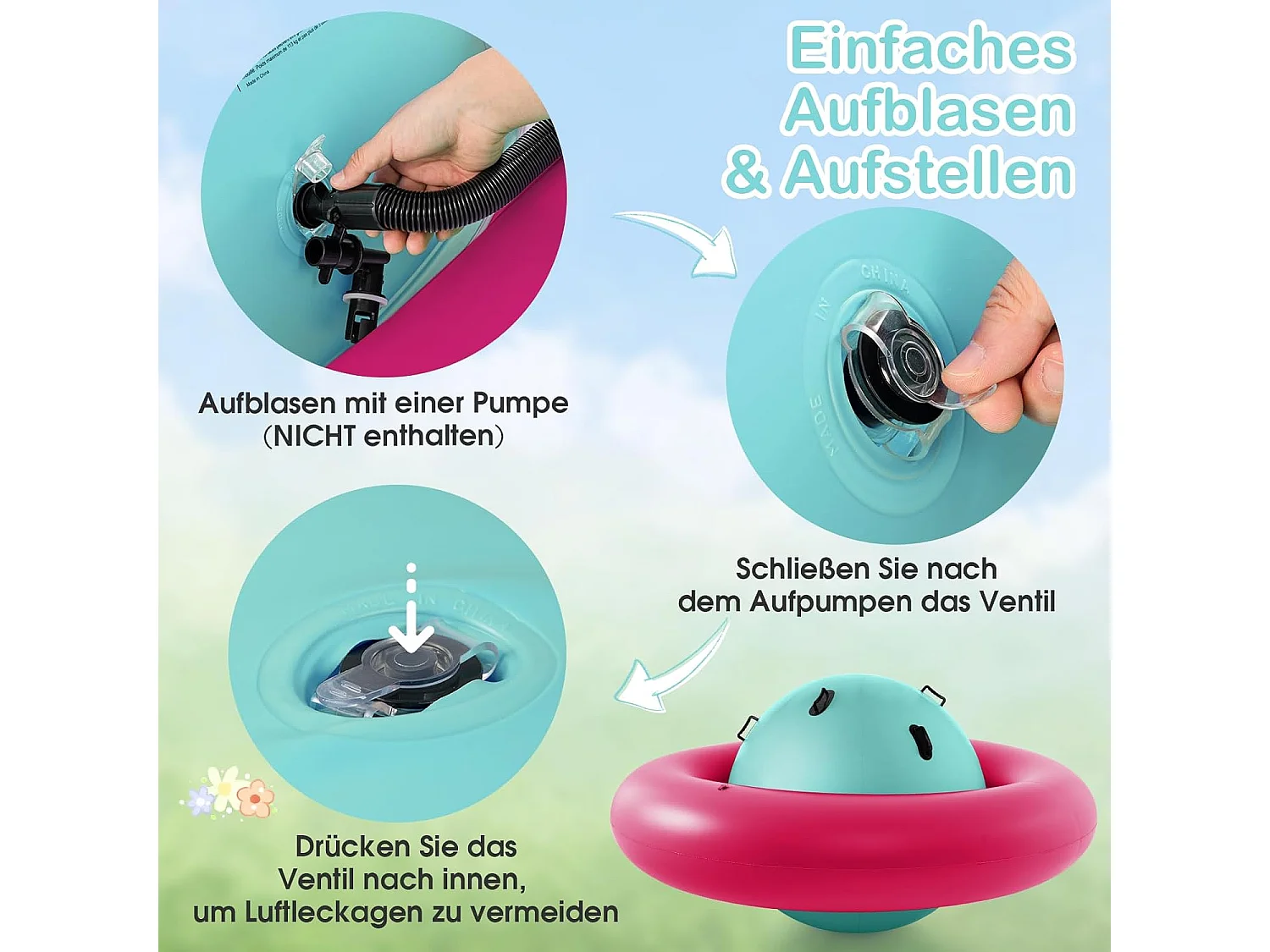 Opblaasbare koepelwip voor kinderen,223 cm grote kinderwip om te rollen,met 6 geïntegreerde handgrepen, outdoorwip voor kinderen vanaf 5 jaar (roze + groen)ZB32102