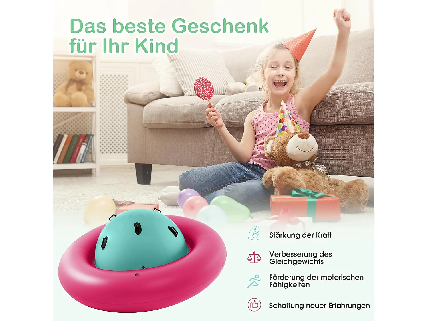 Opblaasbare koepelwip voor kinderen,223 cm grote kinderwip om te rollen,met 6 geïntegreerde handgrepen, outdoorwip voor kinderen vanaf 5 jaar (roze + groen)ZB32102