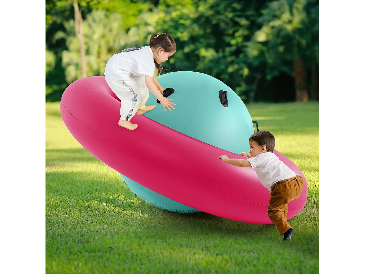 Opblaasbare koepelwip voor kinderen,223 cm grote kinderwip om te rollen,met 6 geïntegreerde handgrepen, outdoorwip voor kinderen vanaf 5 jaar (roze + groen)ZB32102